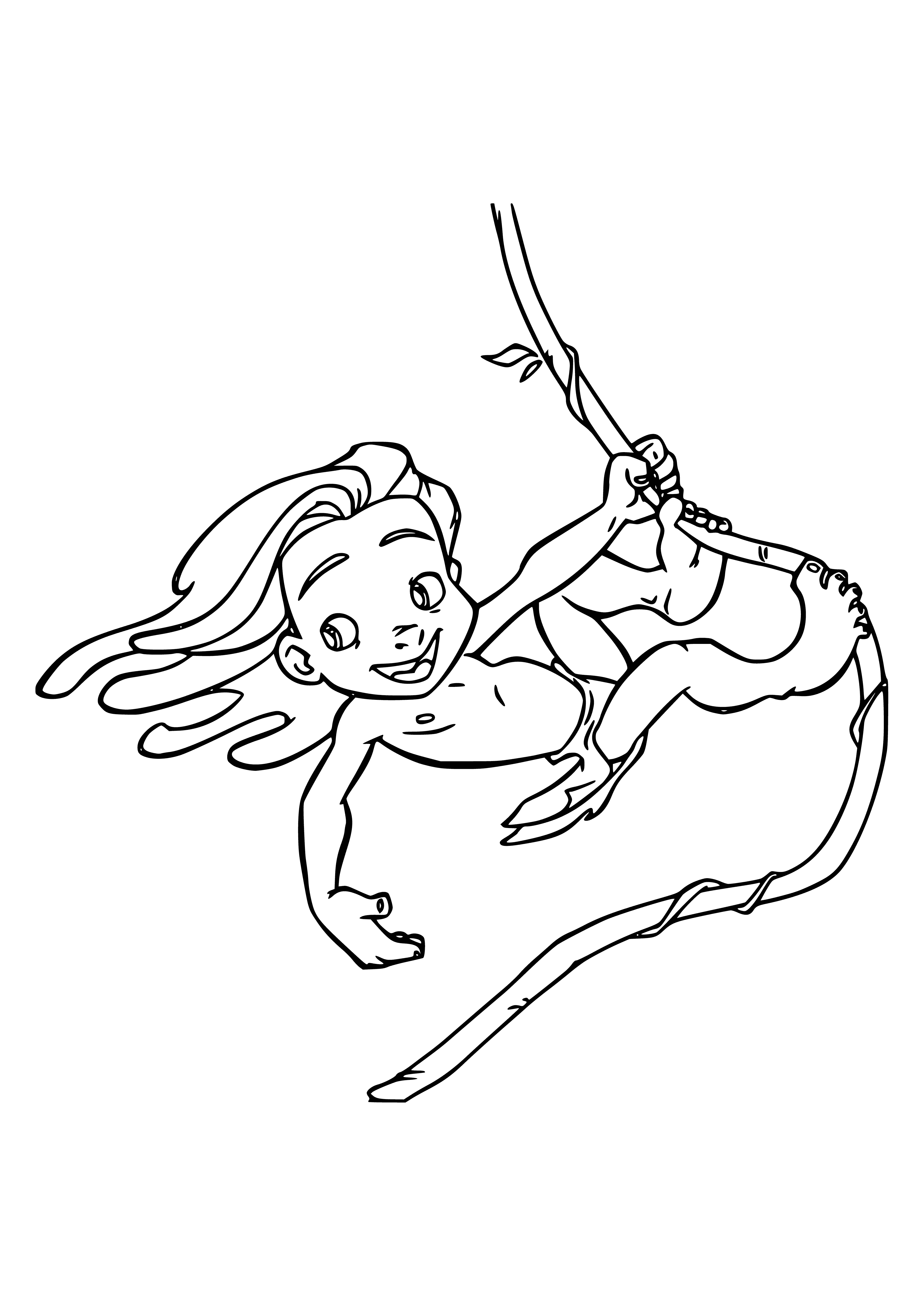 coloring page: A boy, around 8-10 years old, is bare chested and wearing a loincloth made of animal skin. He hangs one-handed from a liana vine, holding a spear downward and looking below.
