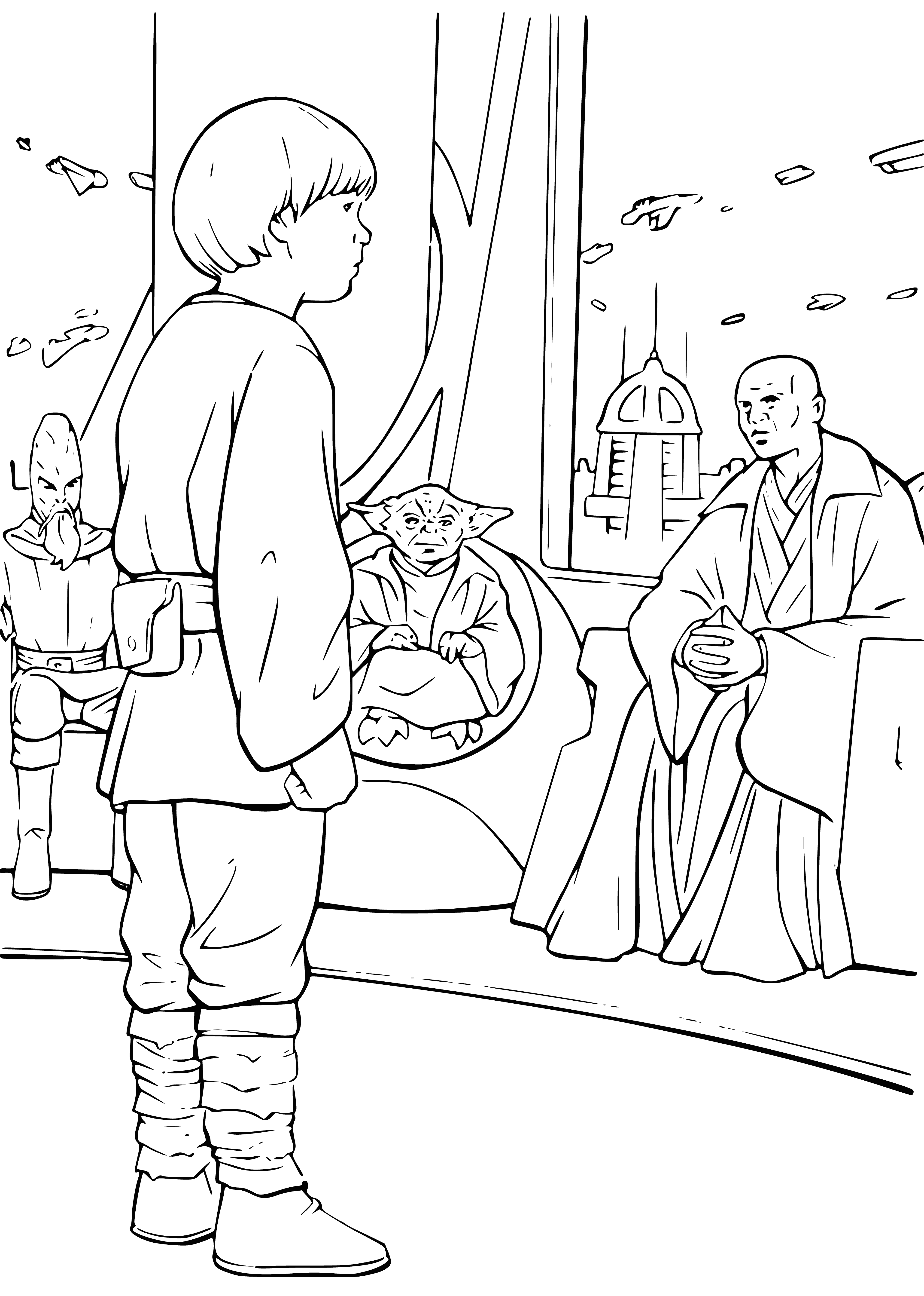 coloring page: Painting of Anakin Skywalker on Jedi Council wearing robes, blue & white belt, brown hair & blue eyes w/a lightsaber in right hand. #StarWars