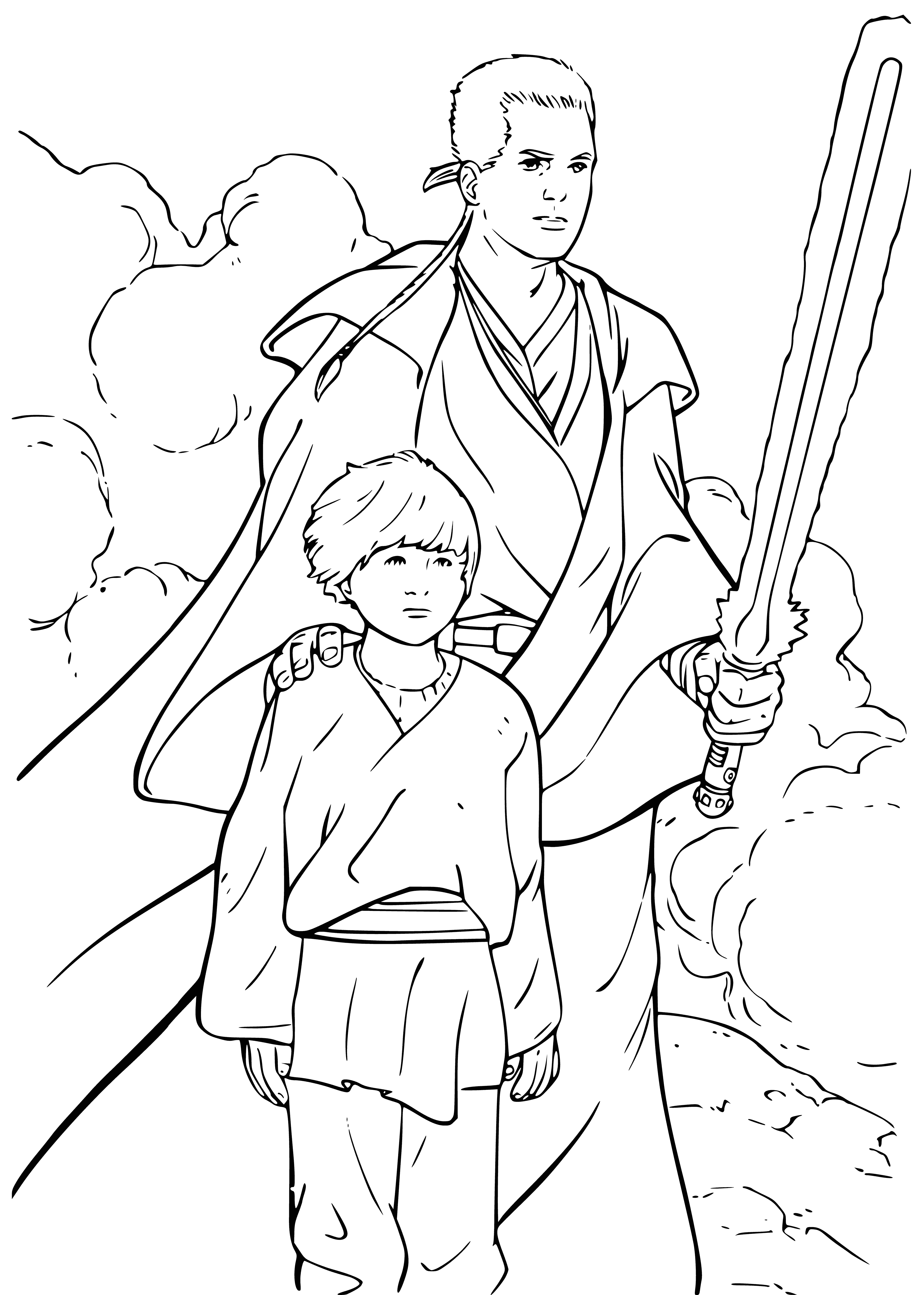 coloring page: Obi-Wan and Anakin stand ready to fight, each with a light saber in hand set against a desert backdrop. #StarWars