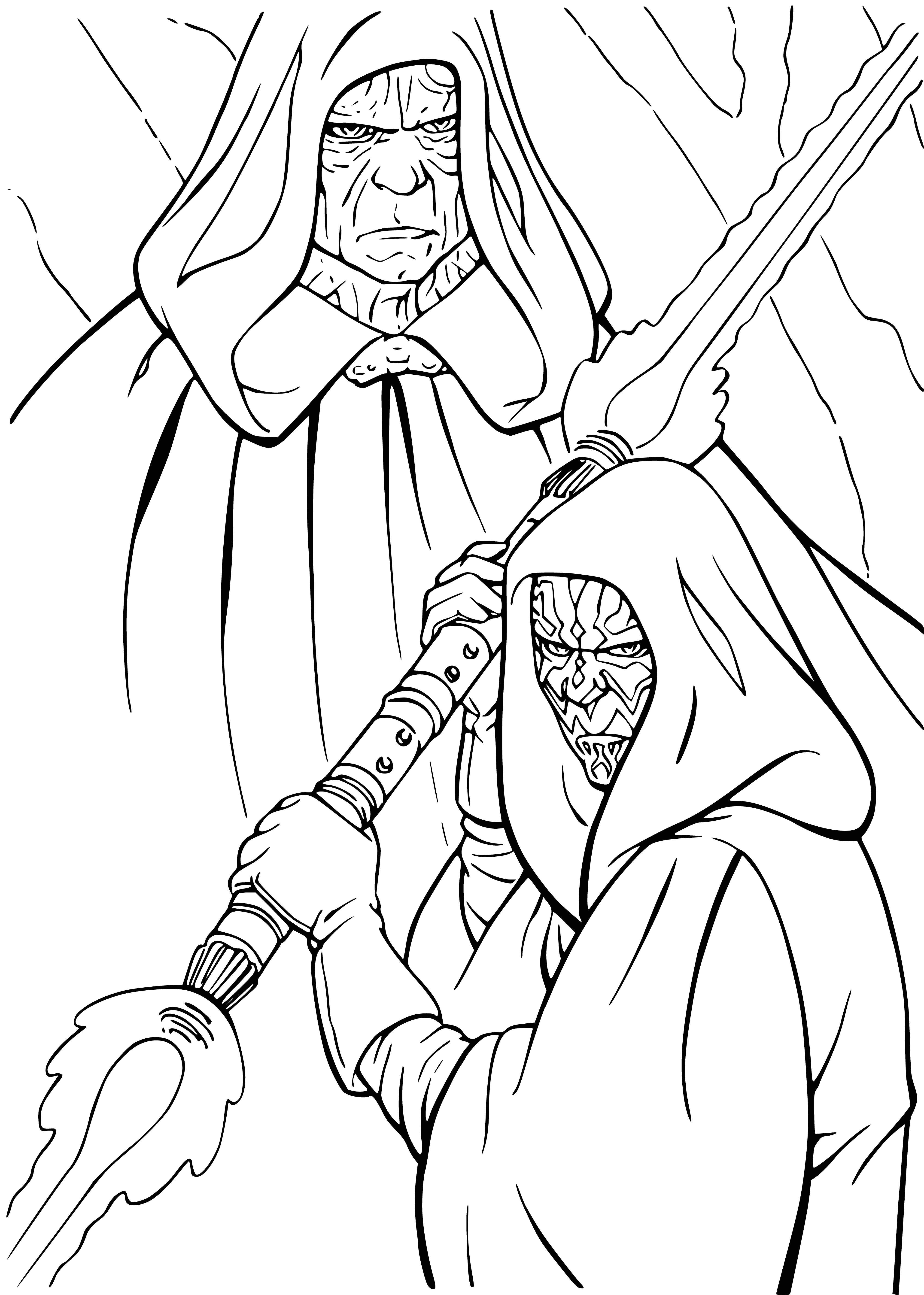 coloring page: Two mysterious figures facing an unknown force, with intense expression and mysterious eyes.