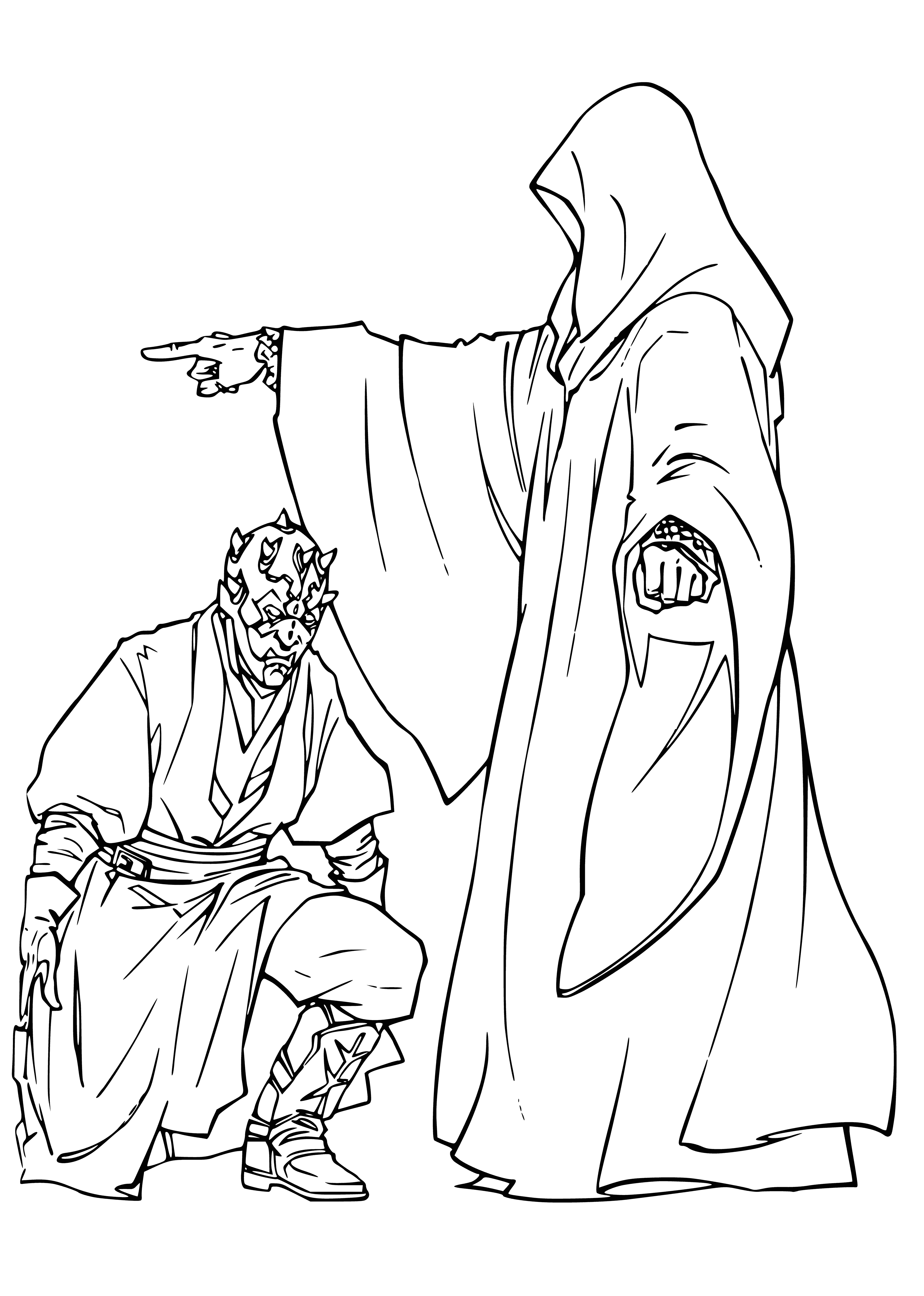 coloring page: Man in black cape fights a brown-robed man in space; one with red lightsaber, one with blue. #StarWars #ColoringPage
