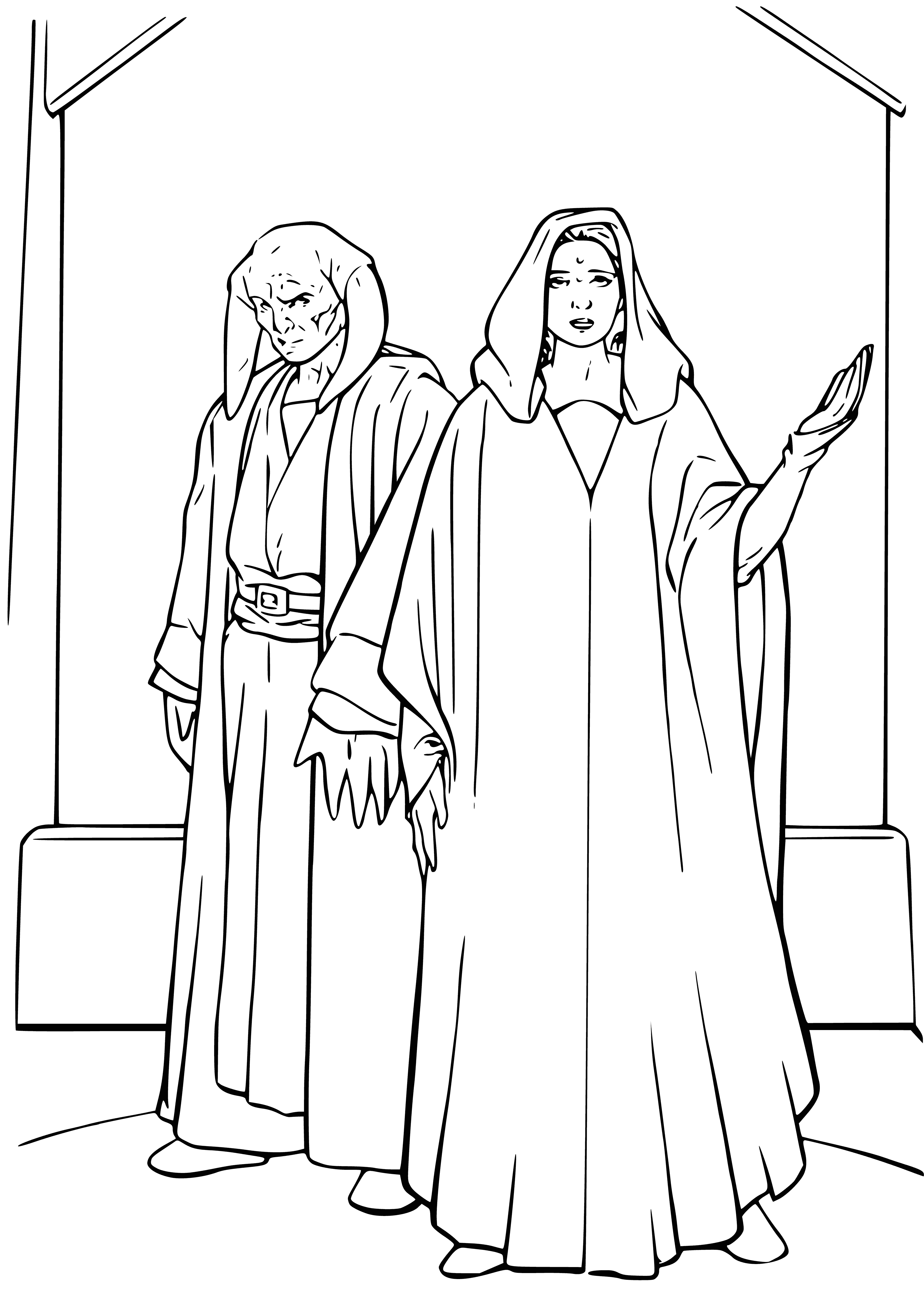 coloring page: Young woman stands in sunlit window with two men; she wears white dress, black scarf. Men wear black, one has beard.