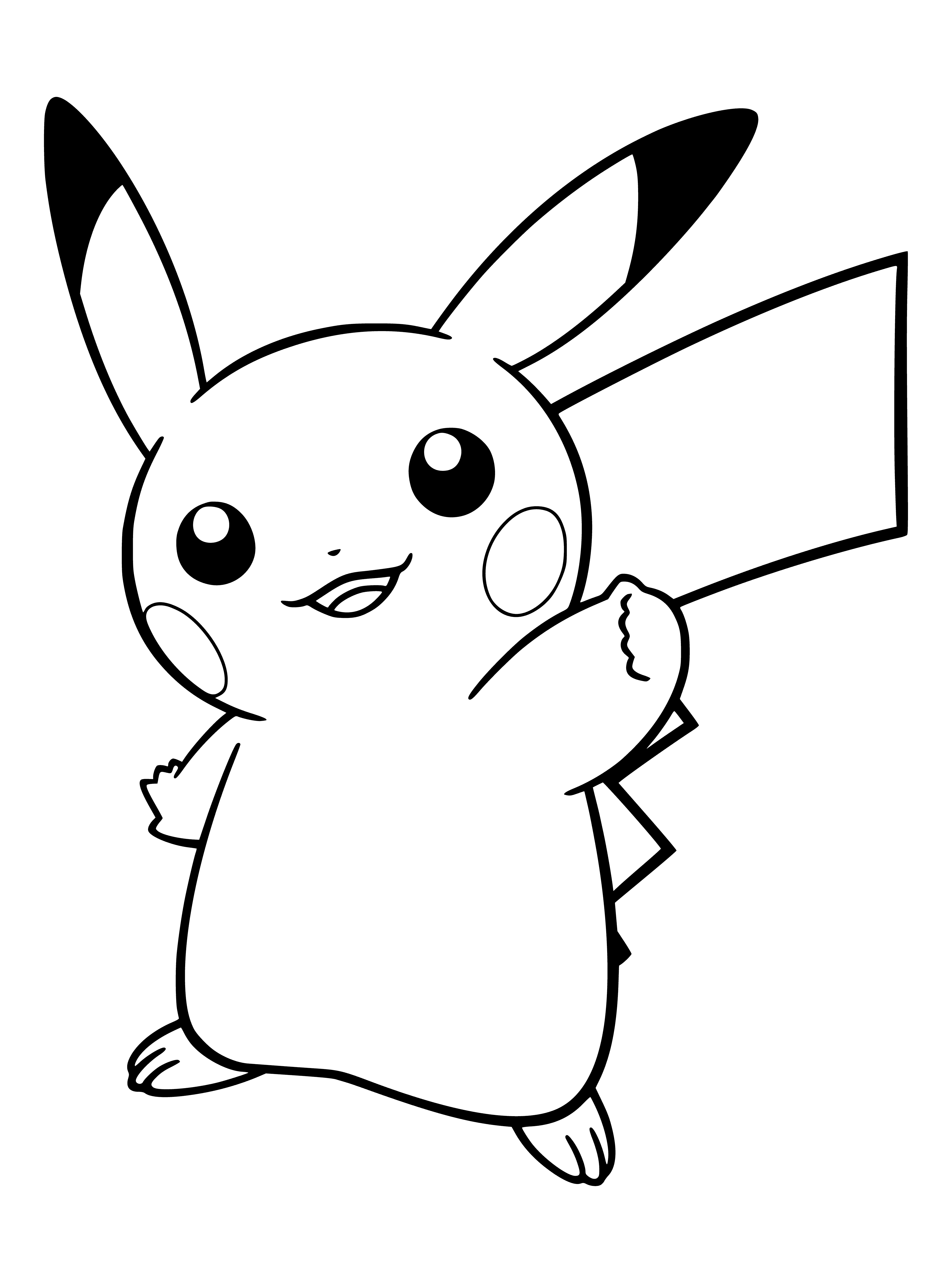 coloring page: Pikachu is the popular electric rodent Pokemon; yellow body, black stripes & red thunderbolt tail. Can even learn to speak human language.
