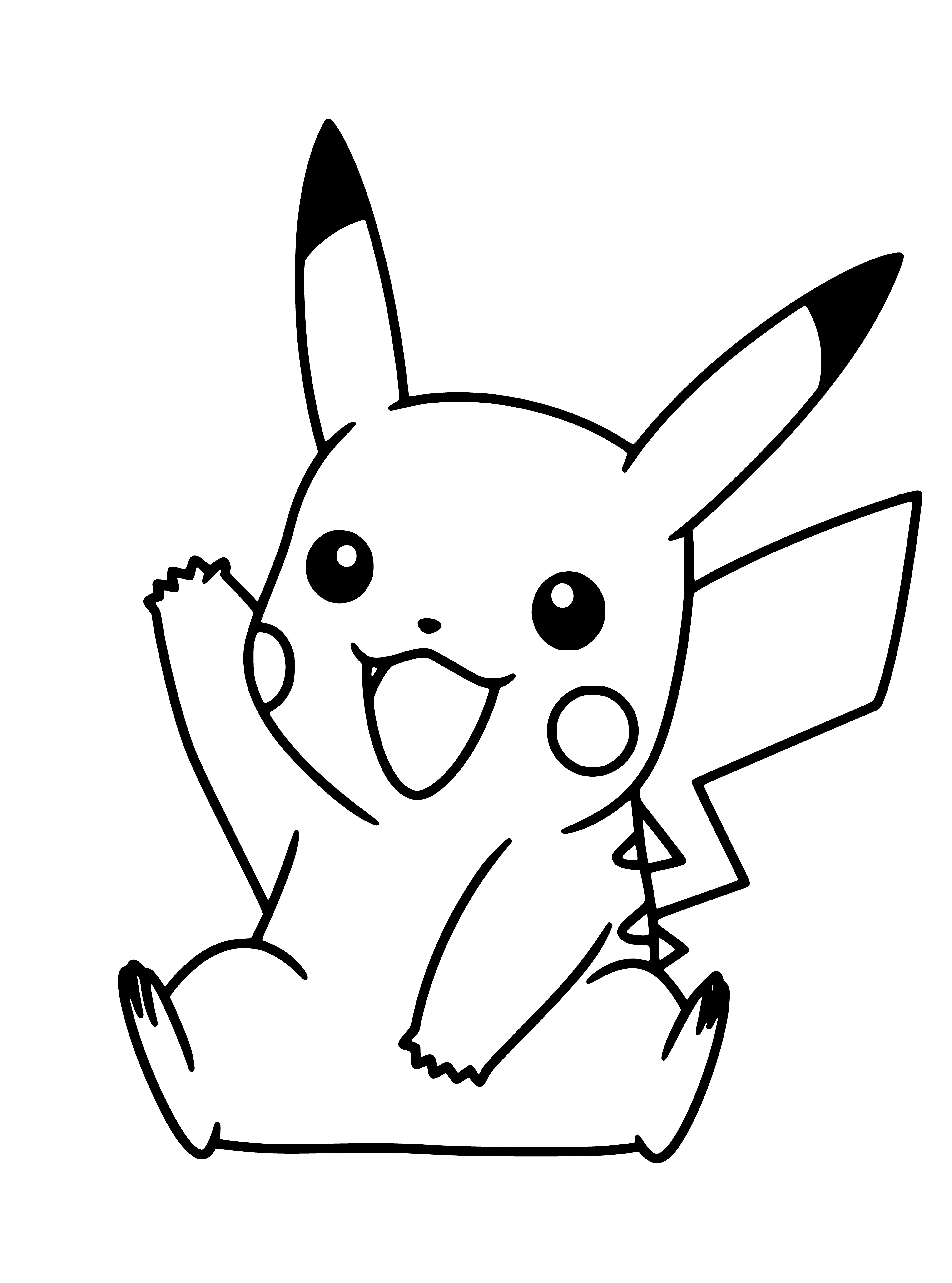 coloring page: Pikachu with pointed ears & striped tail stands on hind legs. Cheeks are red, and yellow w/ black stripes run down back.