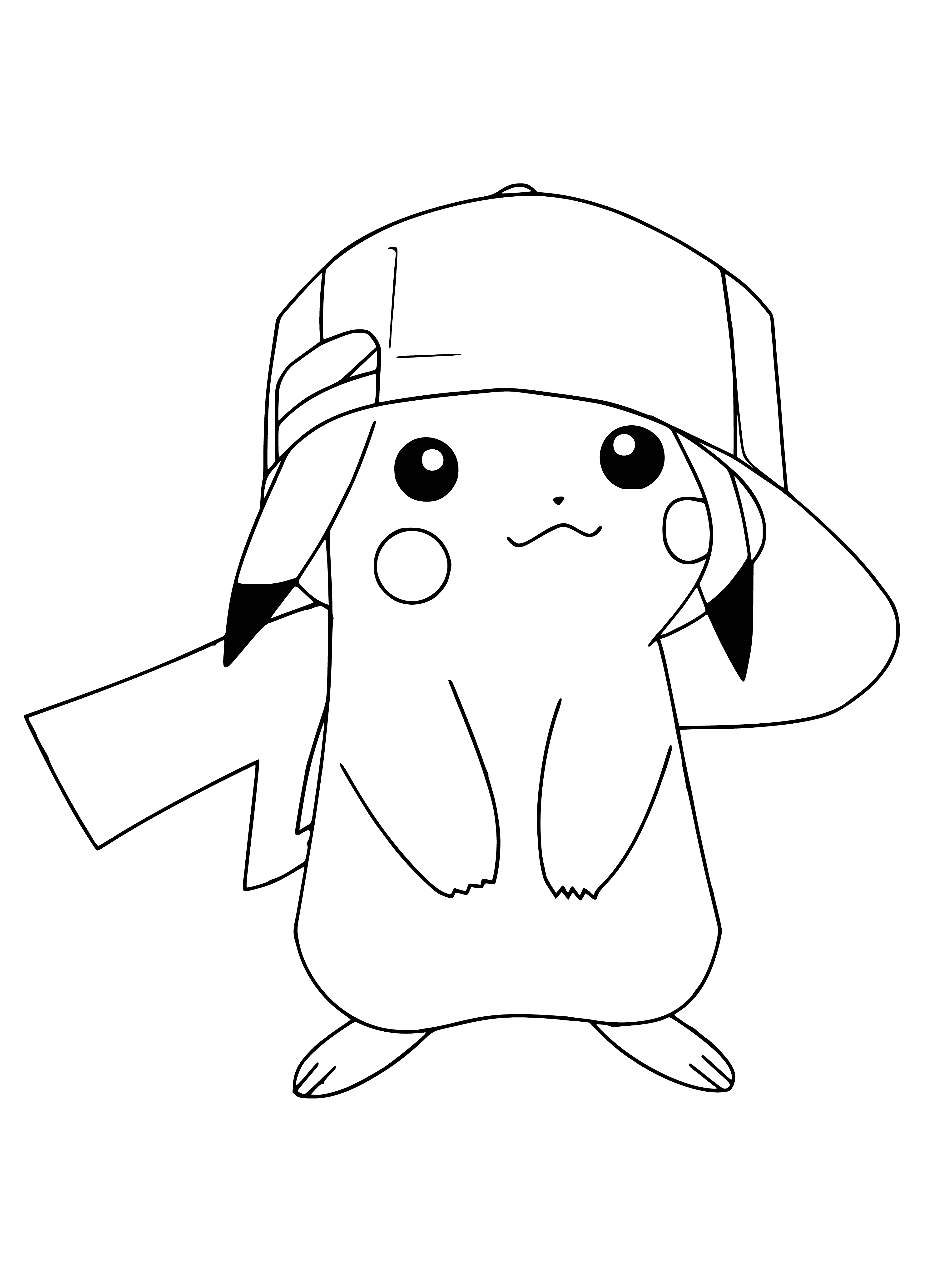coloring page: Adorable mouse-like creature w/ yellow fur, black markings, lighting bolt-shaped tail, & wearing red & white Pokeball adorned baseball cap.