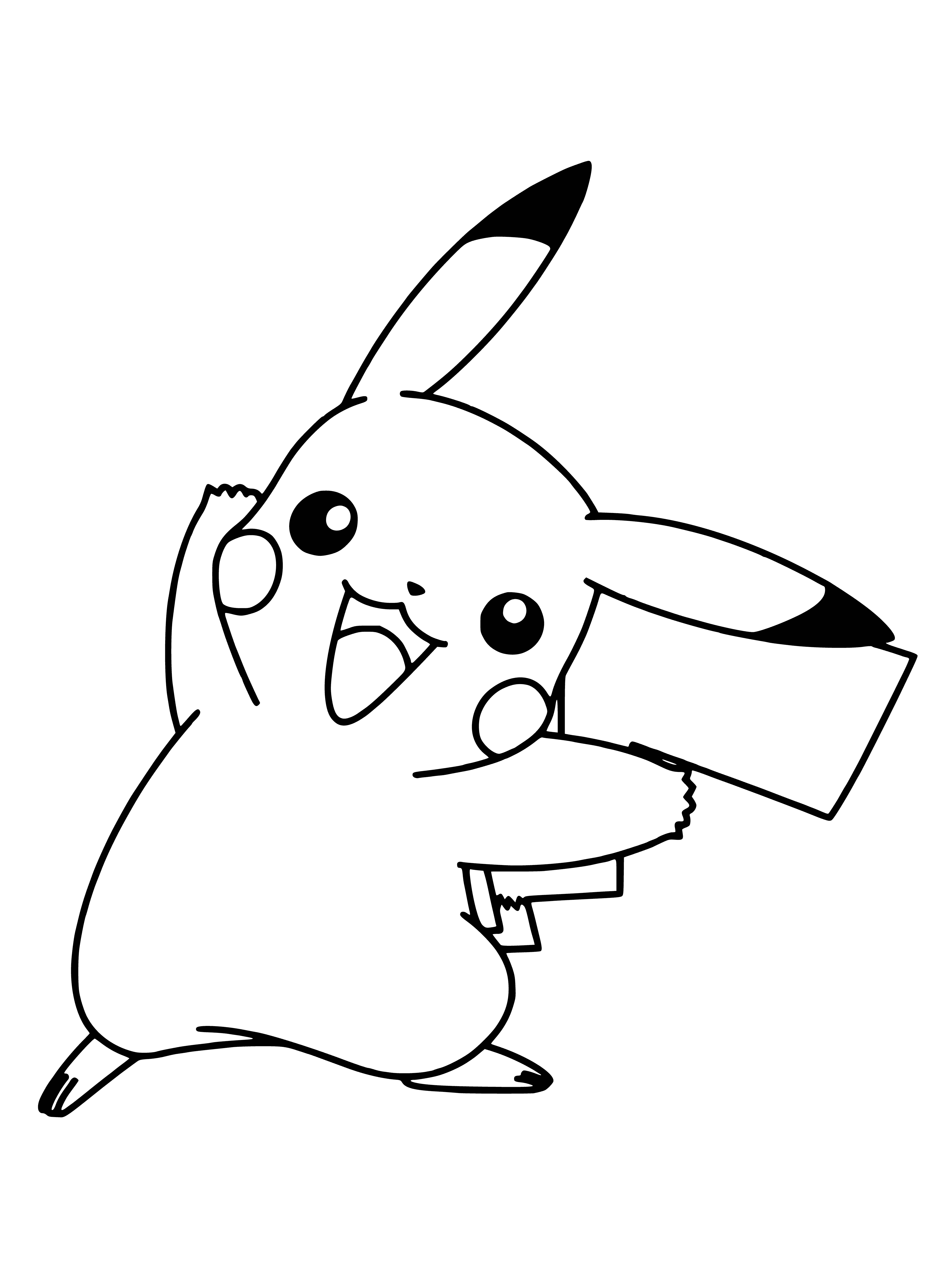coloring page: An adorable Pikachu, a small yellow Pokemon with black markings and red cheeks, has brown tail and big black eyes.