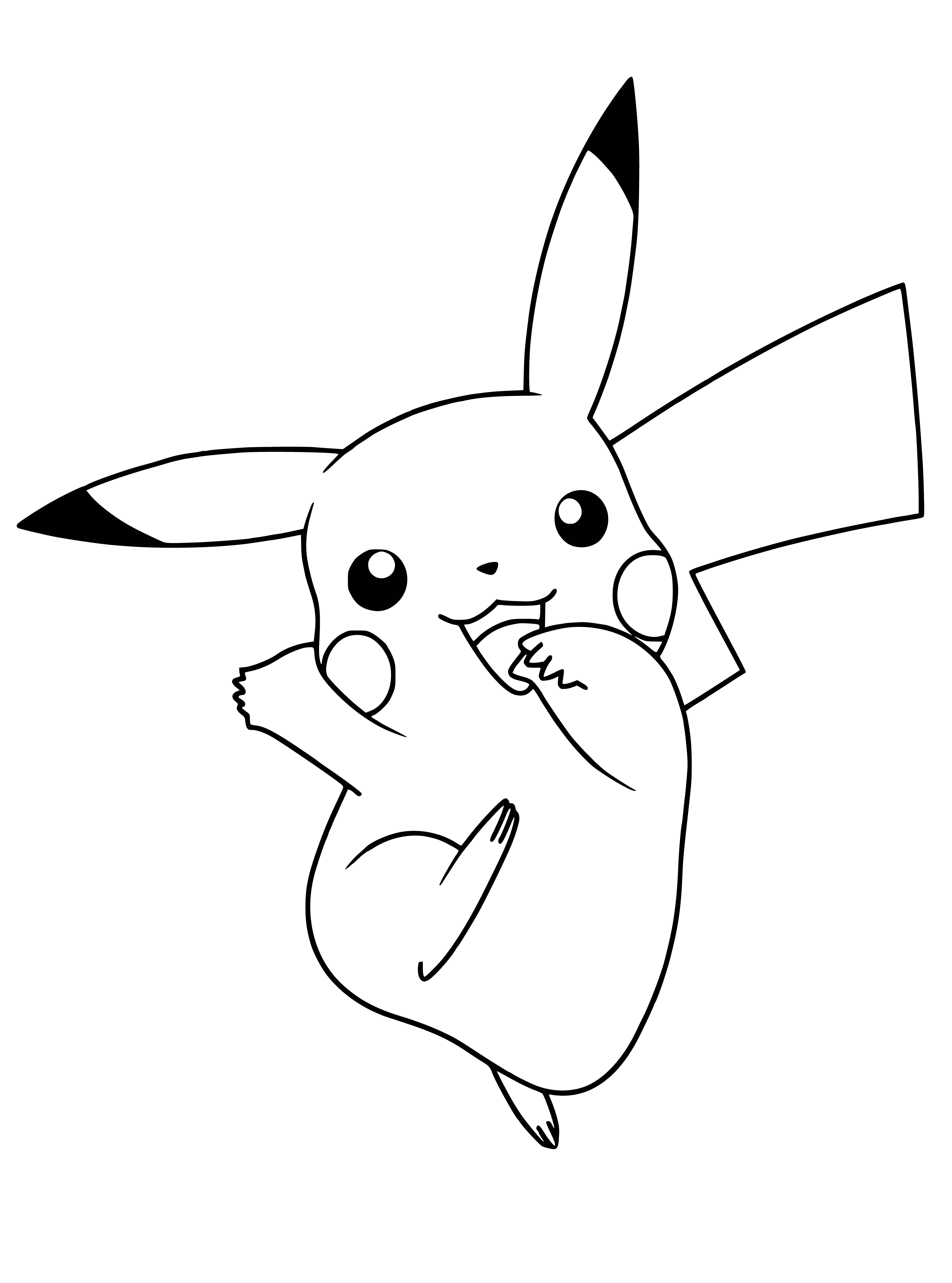 coloring page: Pikachu is an electric-type Pokémon with yellow fur, black marking, and a lightning bolt-shaped tail. It has red cheeks.