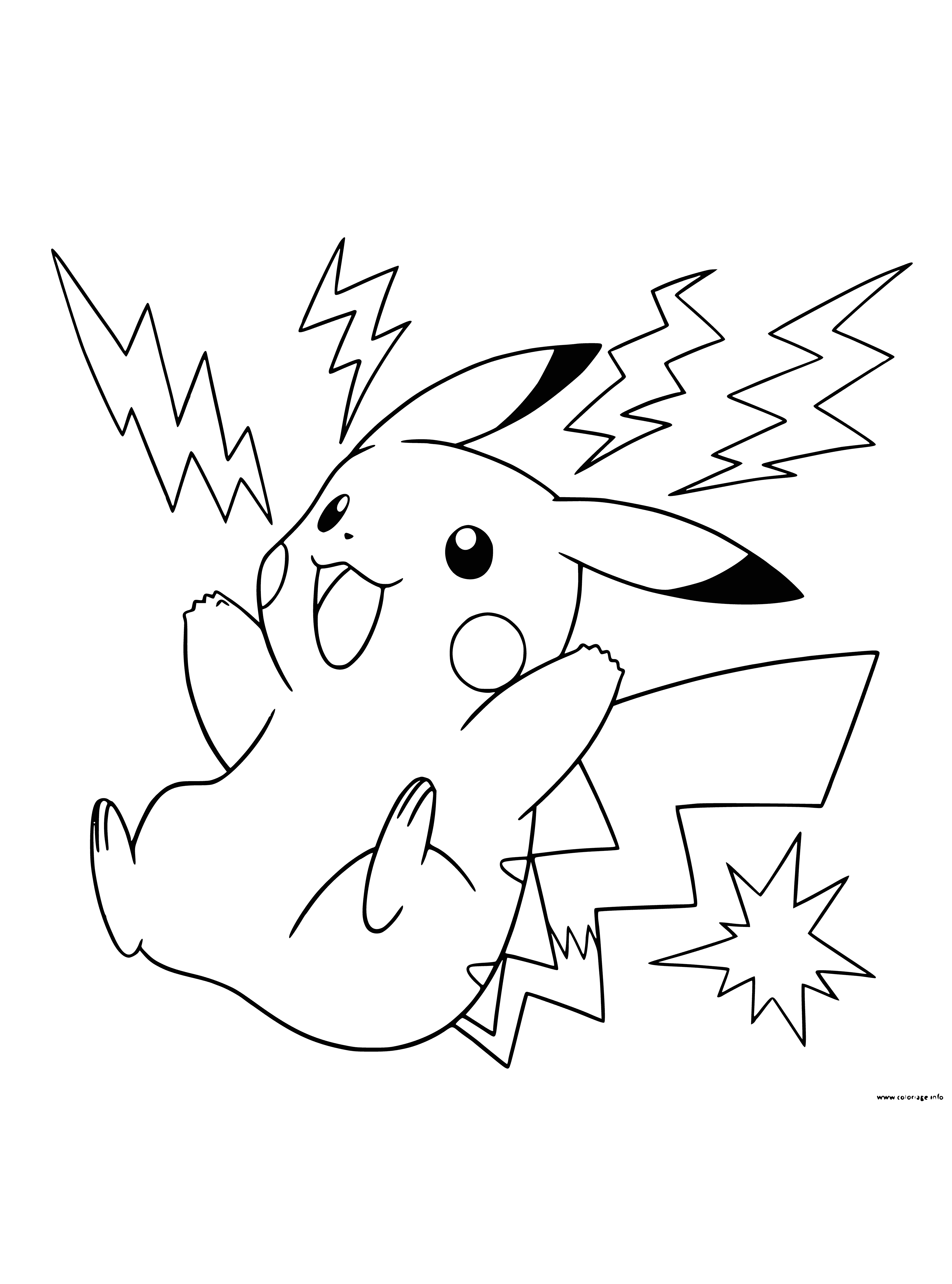 coloring page: Pikachu is a friendly, yellow Pokemon with rounded ears, a lightning bolt tail, black stripes and red cheeks.