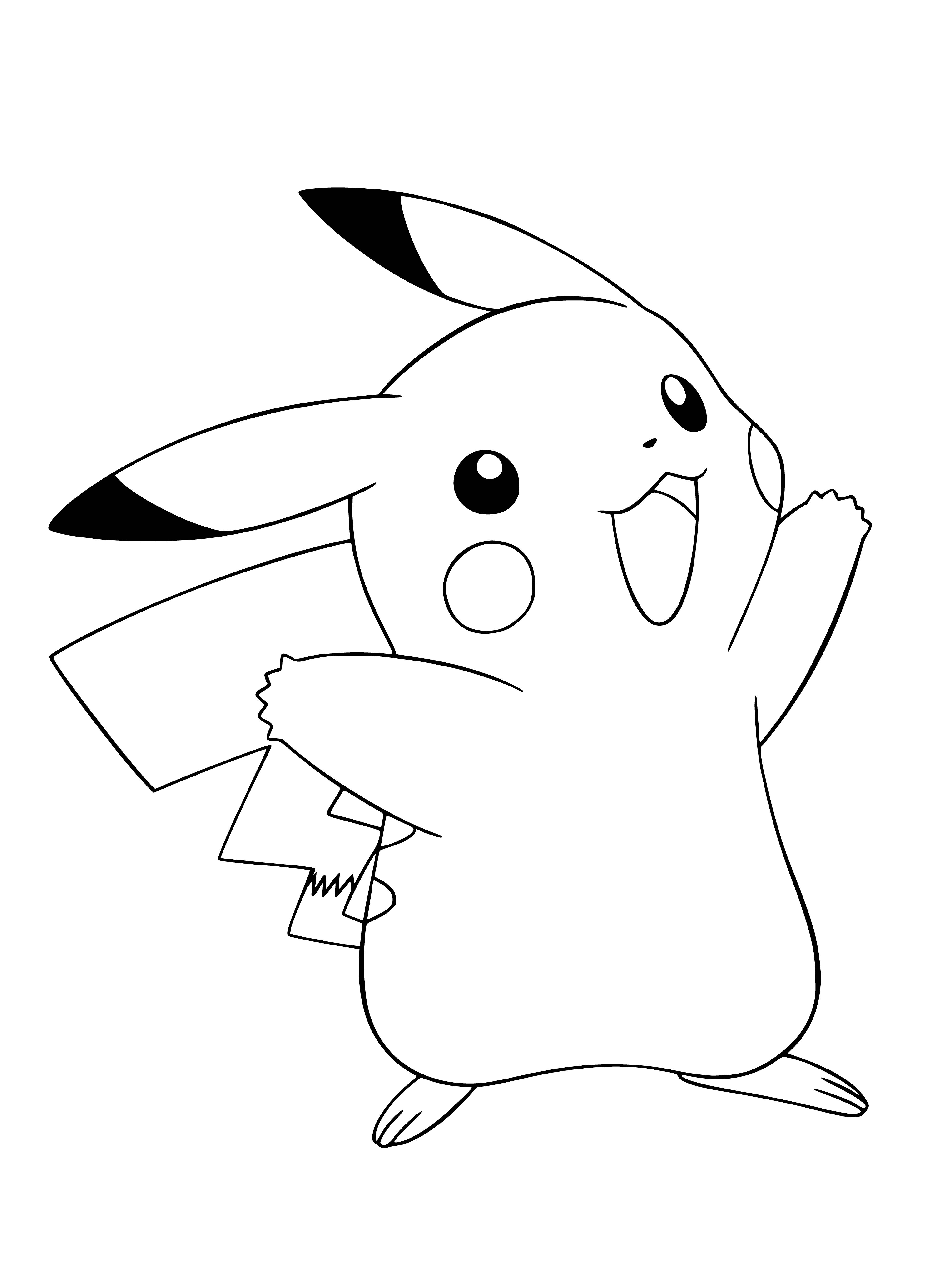 coloring page: A Pikachu is a small rodent-like Pokémon with yellow stripes & electric sac, two brown cheeks & a lightning bolt-shaped tail.
