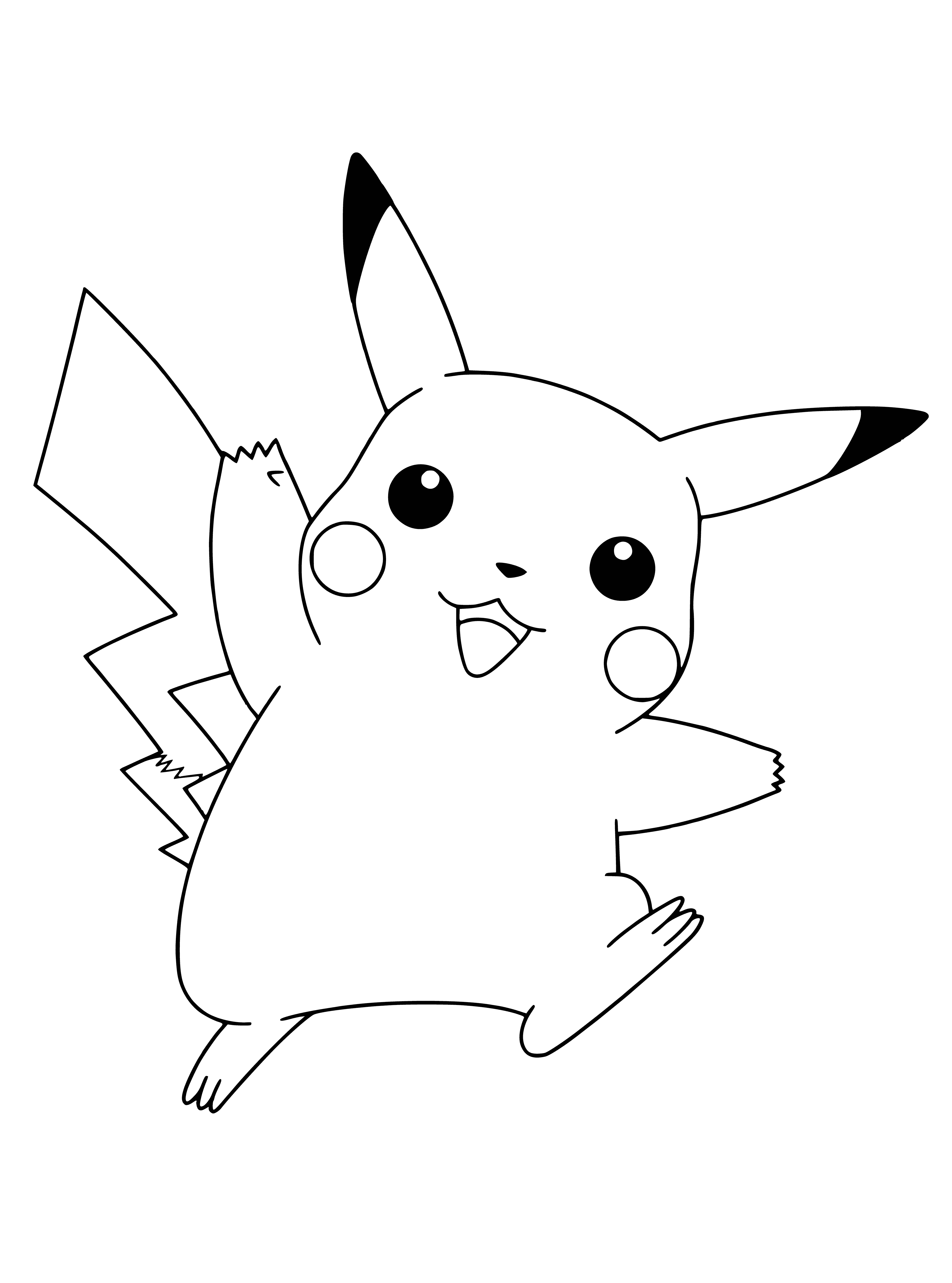 coloring page: Pikachu has black stripes, lightning-bolt tail, red cheeks, & pointy ears. Standing on its hind legs, it raises its paws in the air.