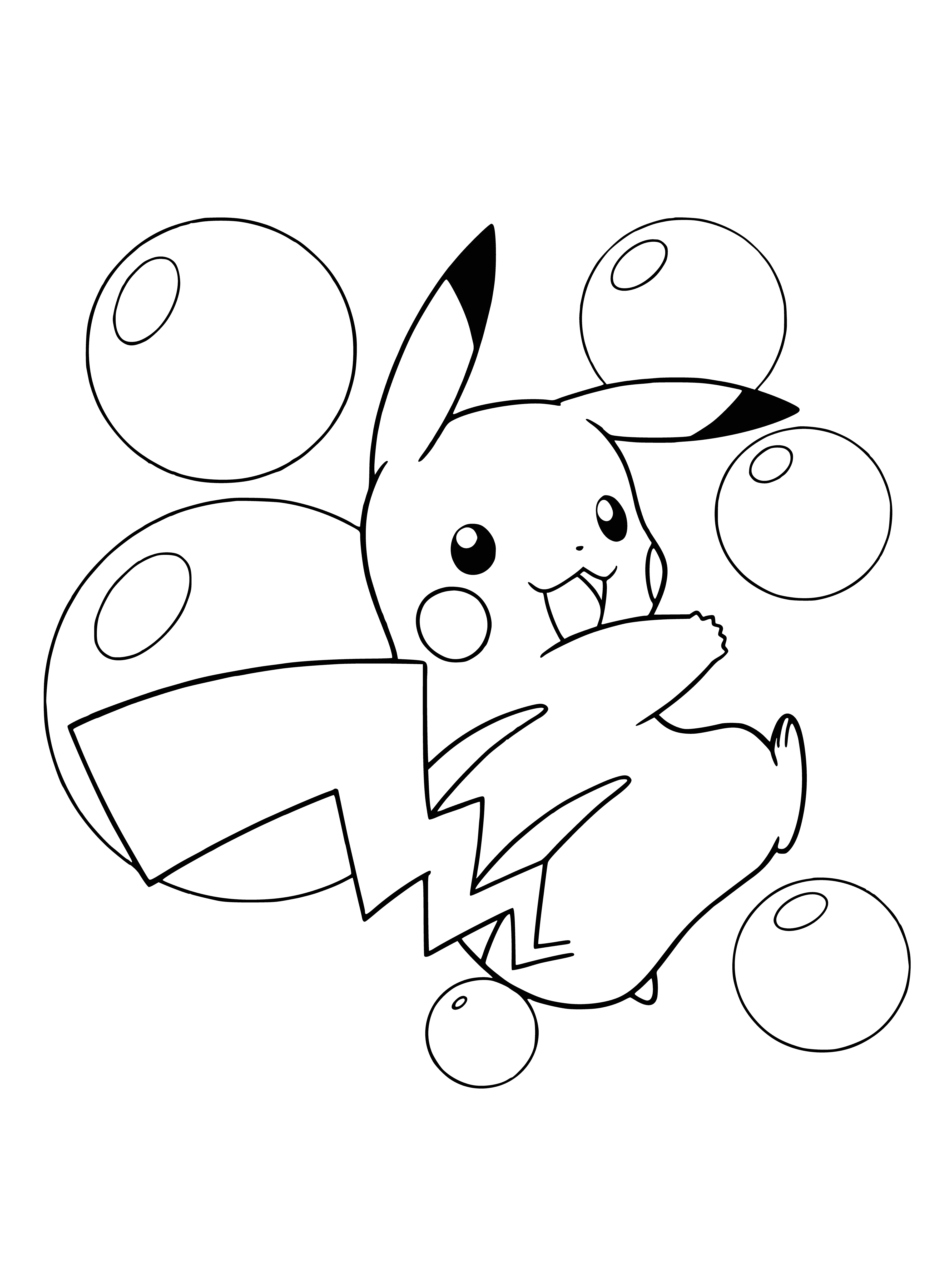 coloring page: A Pikachu—yellow with black stripes, red mark on cheek, small eyes, long & thin tail in shape of lightning bolt—stands on two legs.