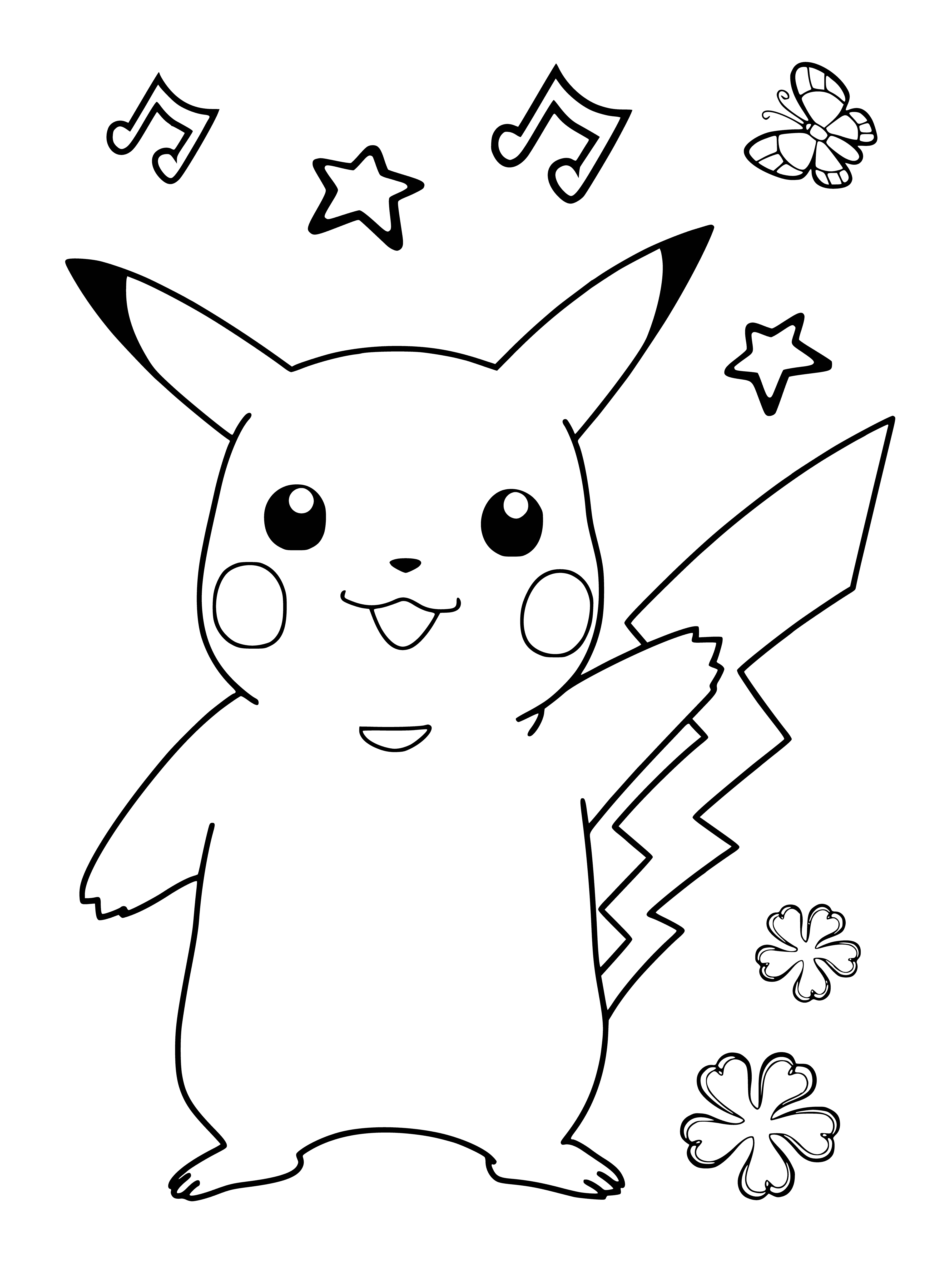 coloring page: Small, rodent-like Pokémon with yellow fur, brown stripes, a small tail, black eyes, long pointed ears & red circles on its cheeks, standing on 2 or hind legs.