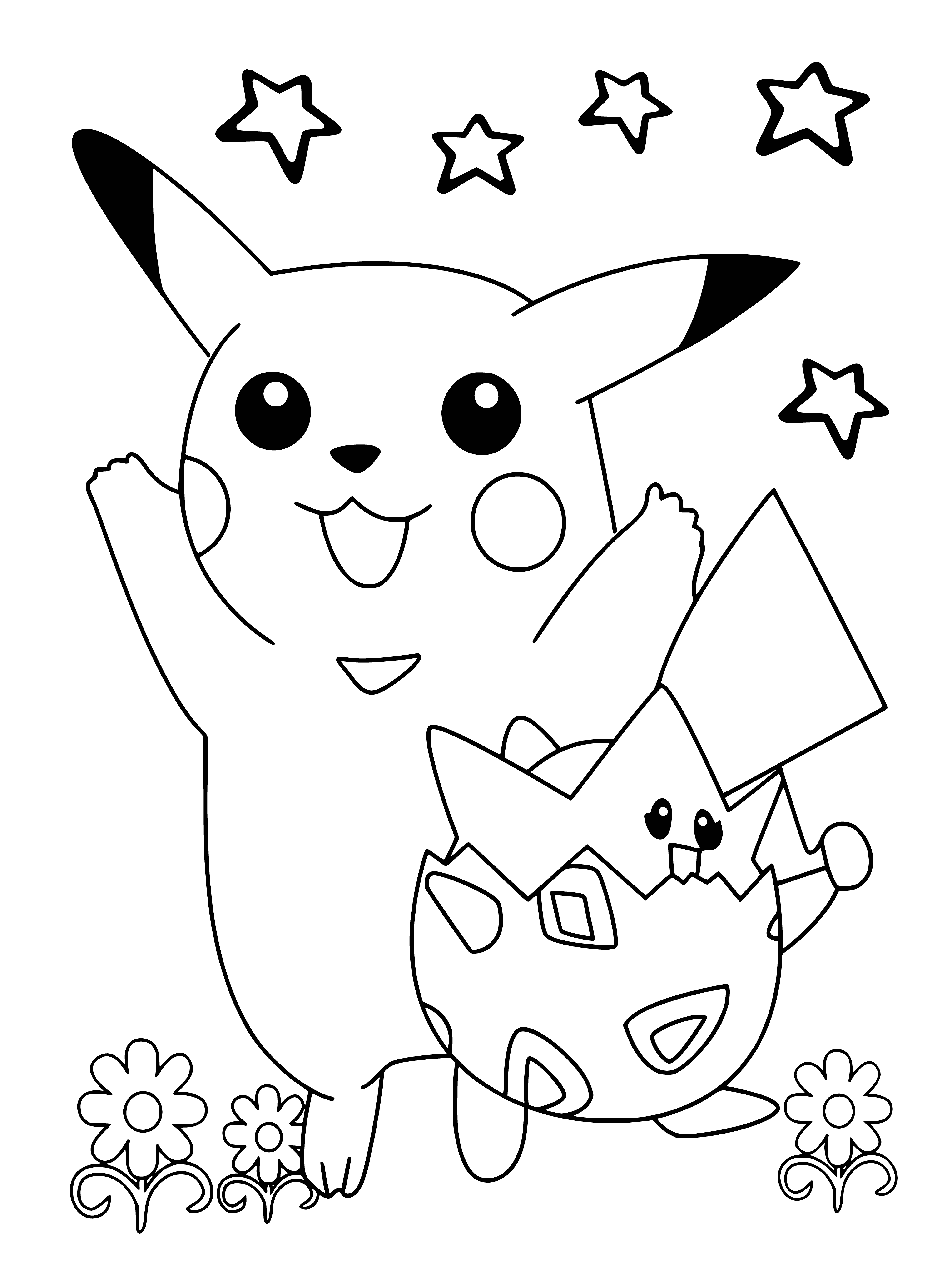 coloring page: Pikachu the yellow Pokemon has two pointed ears, a black stripe, white belly, and red cheeks.