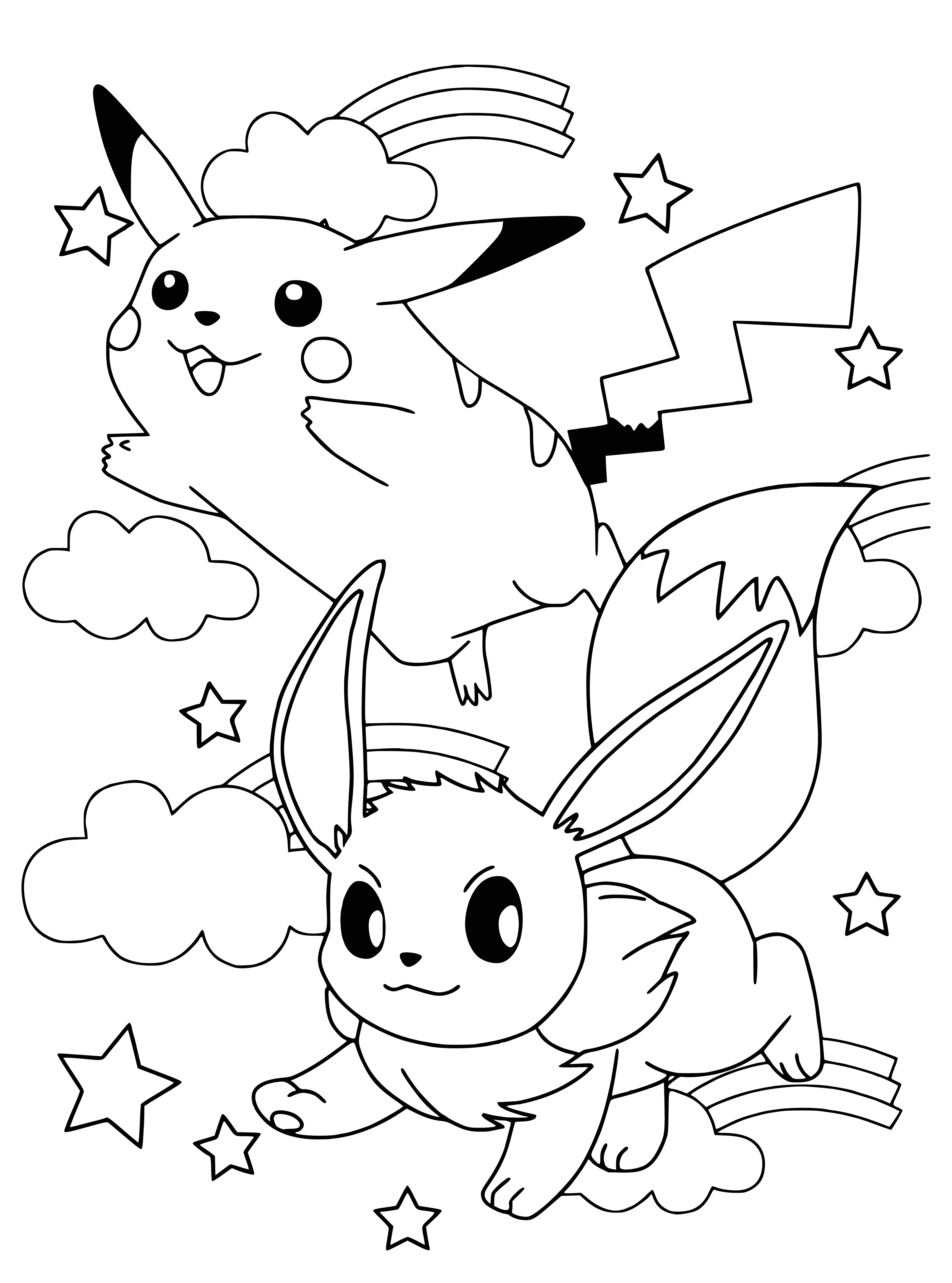 coloring page: Pikachu is an adorable, electric-generating, yellow furred creature w/ a reddish-brown back and black ear tips. Uses electric charges for self-defense.