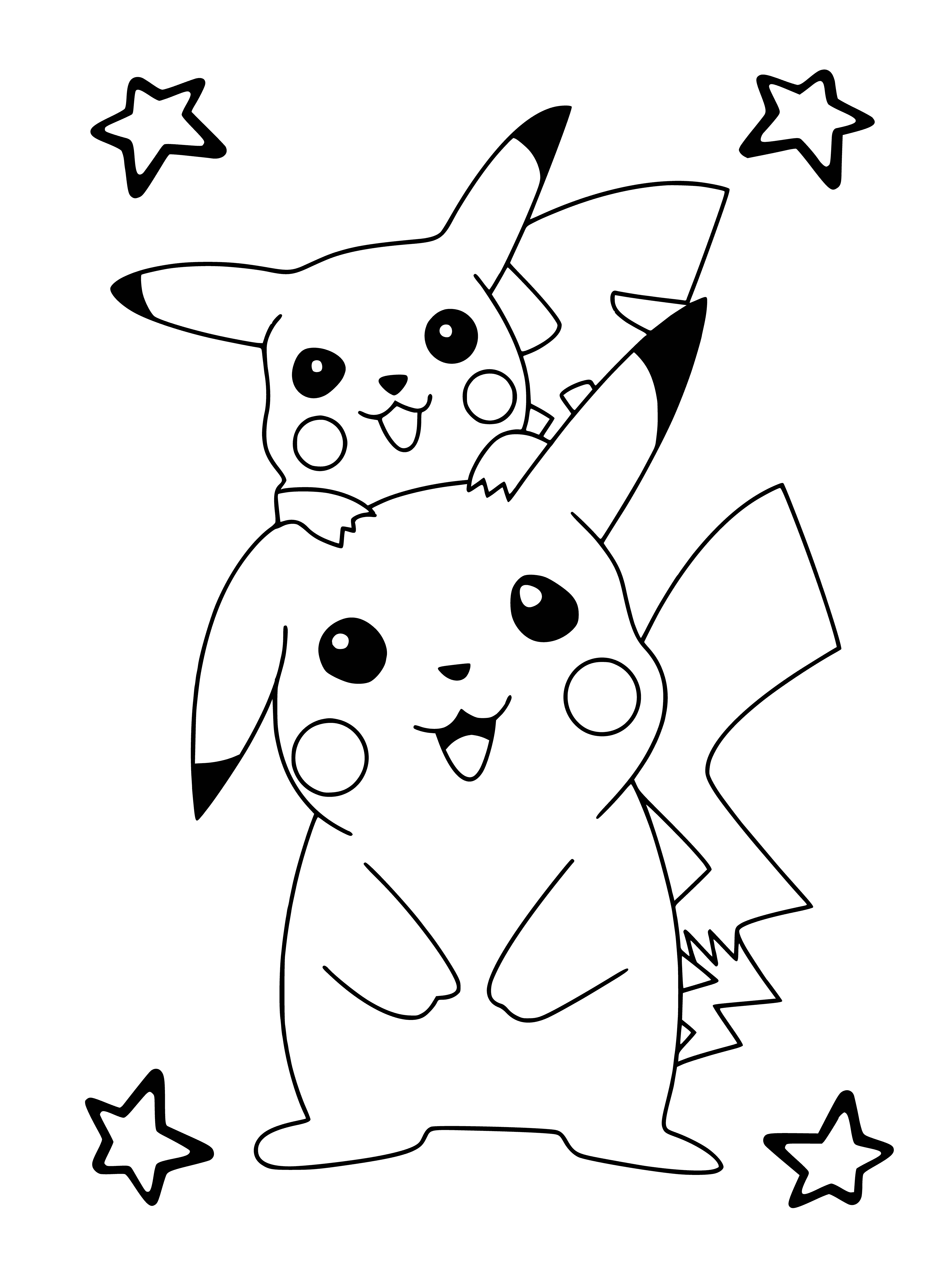 coloring page: Yellow creature with Investigative black eyes gets zapped by Pikachu's mouth with Lighting bolt-shaped tail. #PokemonColoringPage