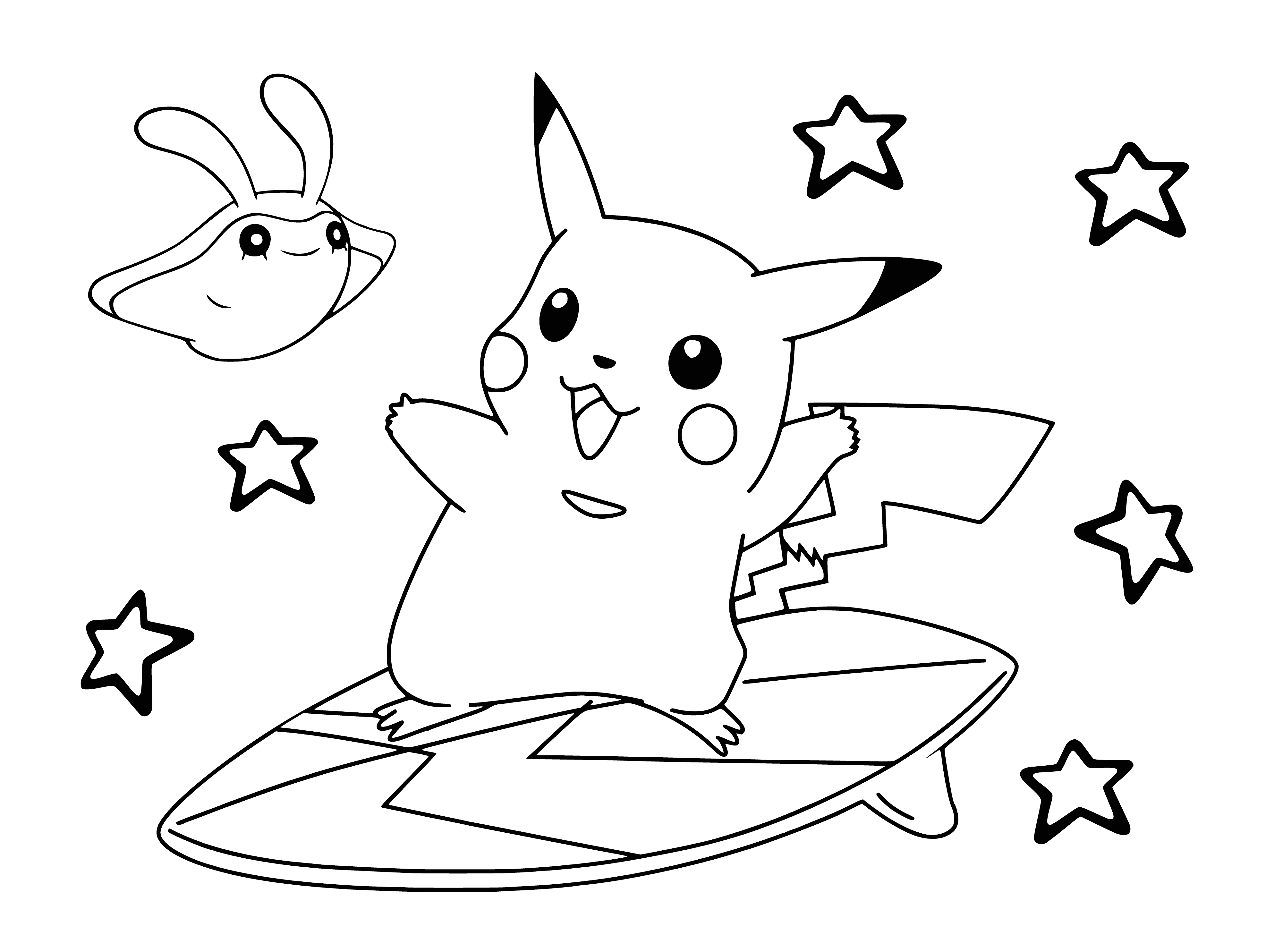 coloring page: This small, cute and chubby yellow Pokemon has a lightning bolt tail, pointy ears and black stripes. Its cheeks have red circles.