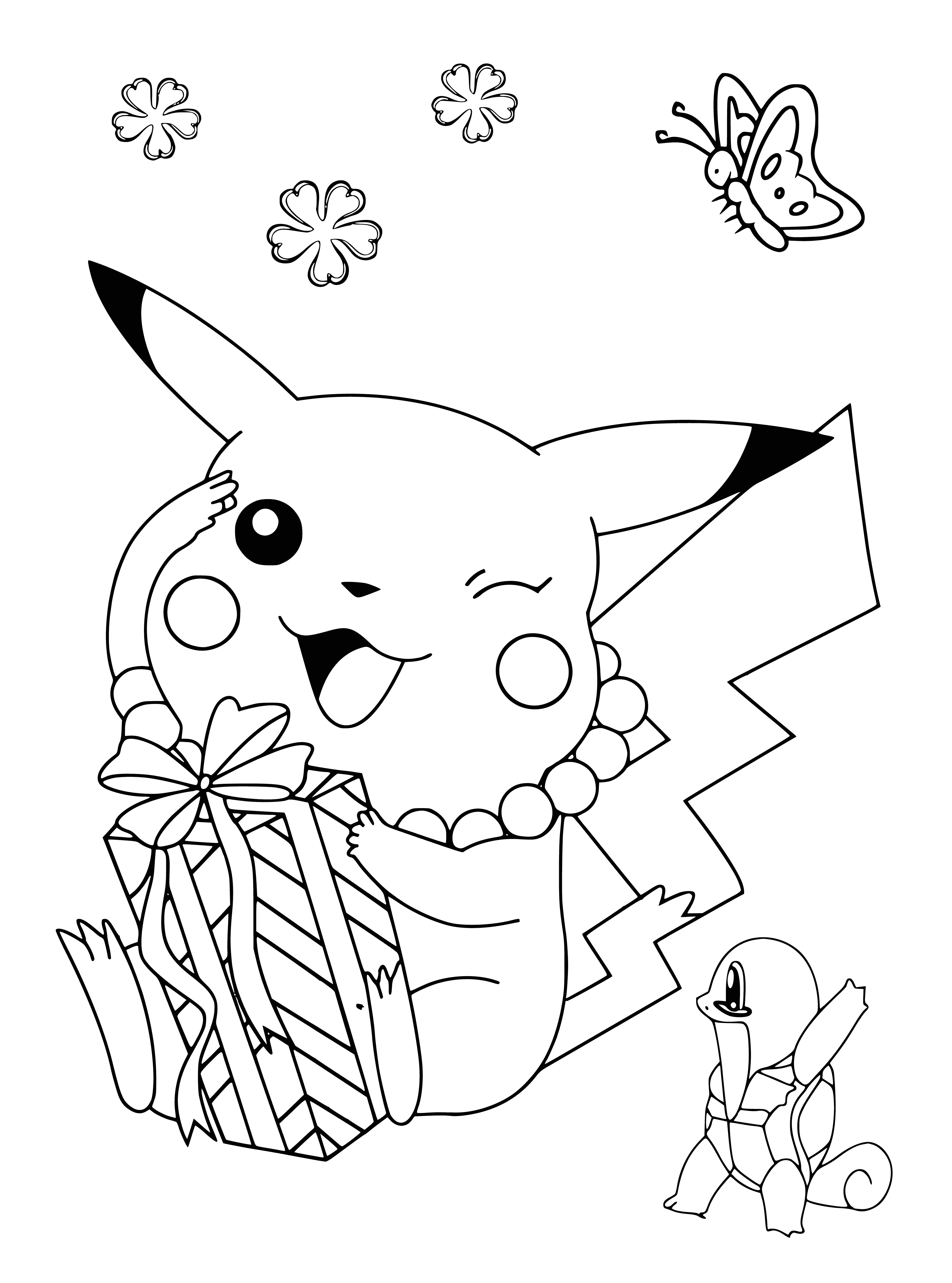 coloring page: Pikachu sits on a log with a gift, topped with a big red bow.