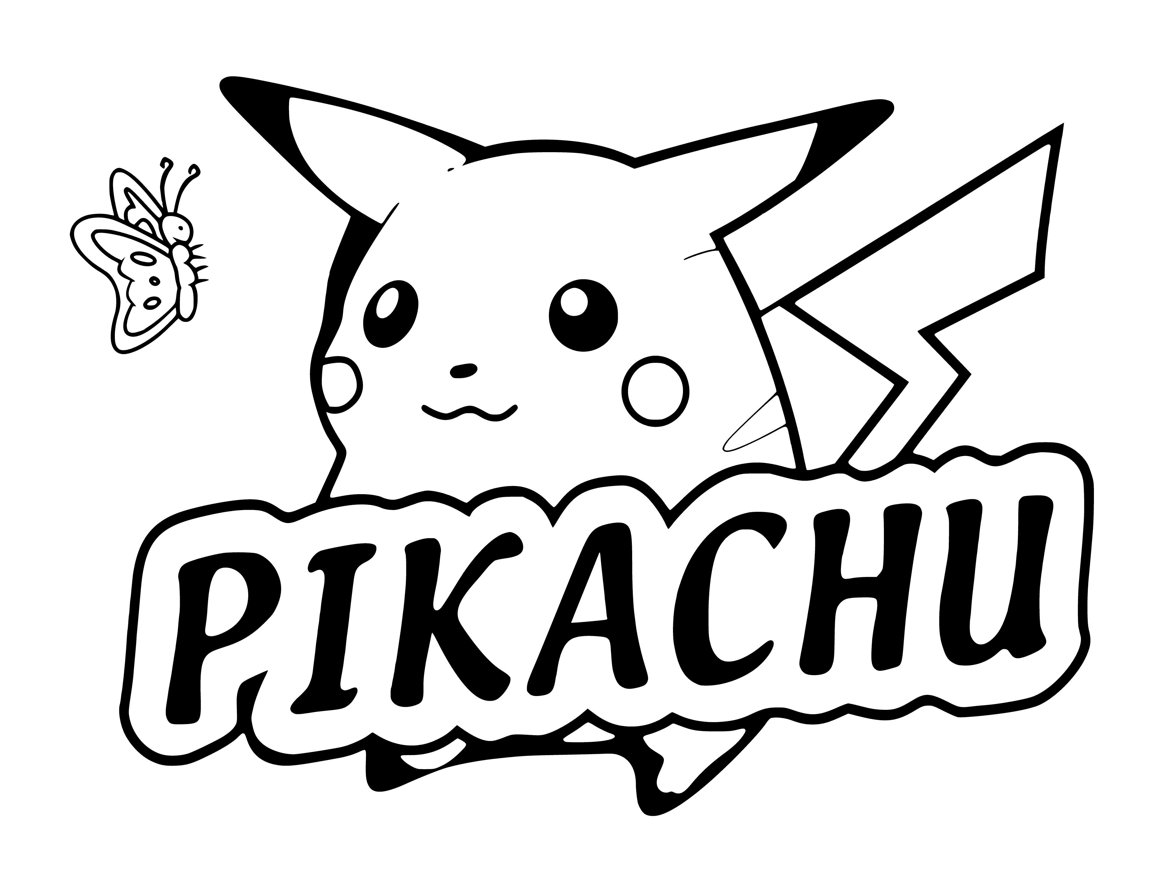 coloring page: Short: Pikachu is a yellow rodent Pokemon with lightning-shaped stripes, small mouth, long ears with black tips, & brown eyes. Has light yellow belly & long tail with black tip. It's small, but the tail adds an extra foot to its height.