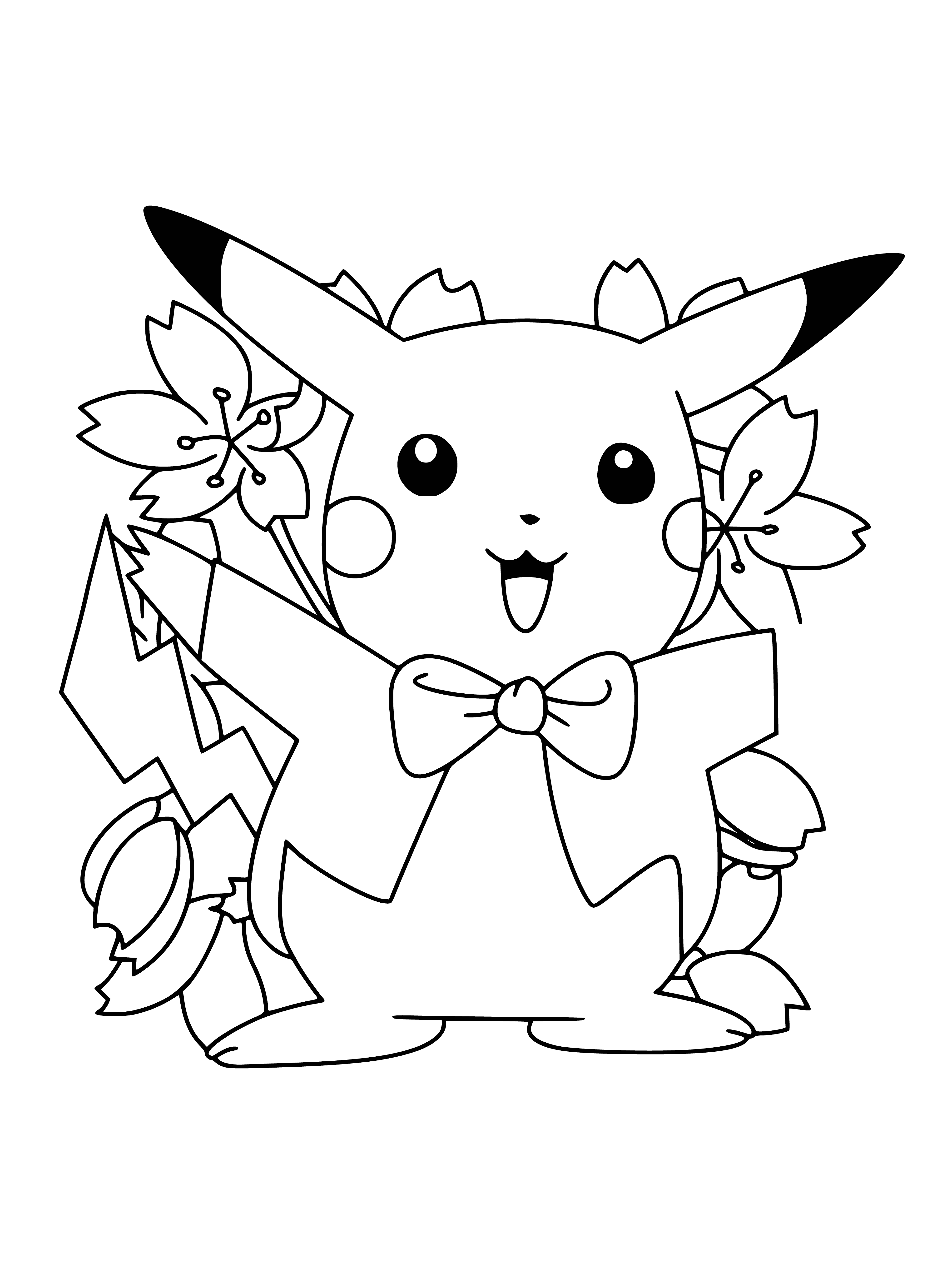 coloring page: Yellow pokemon w/black stripes, invest, pointy tail, red cheeks, long pointy ears.