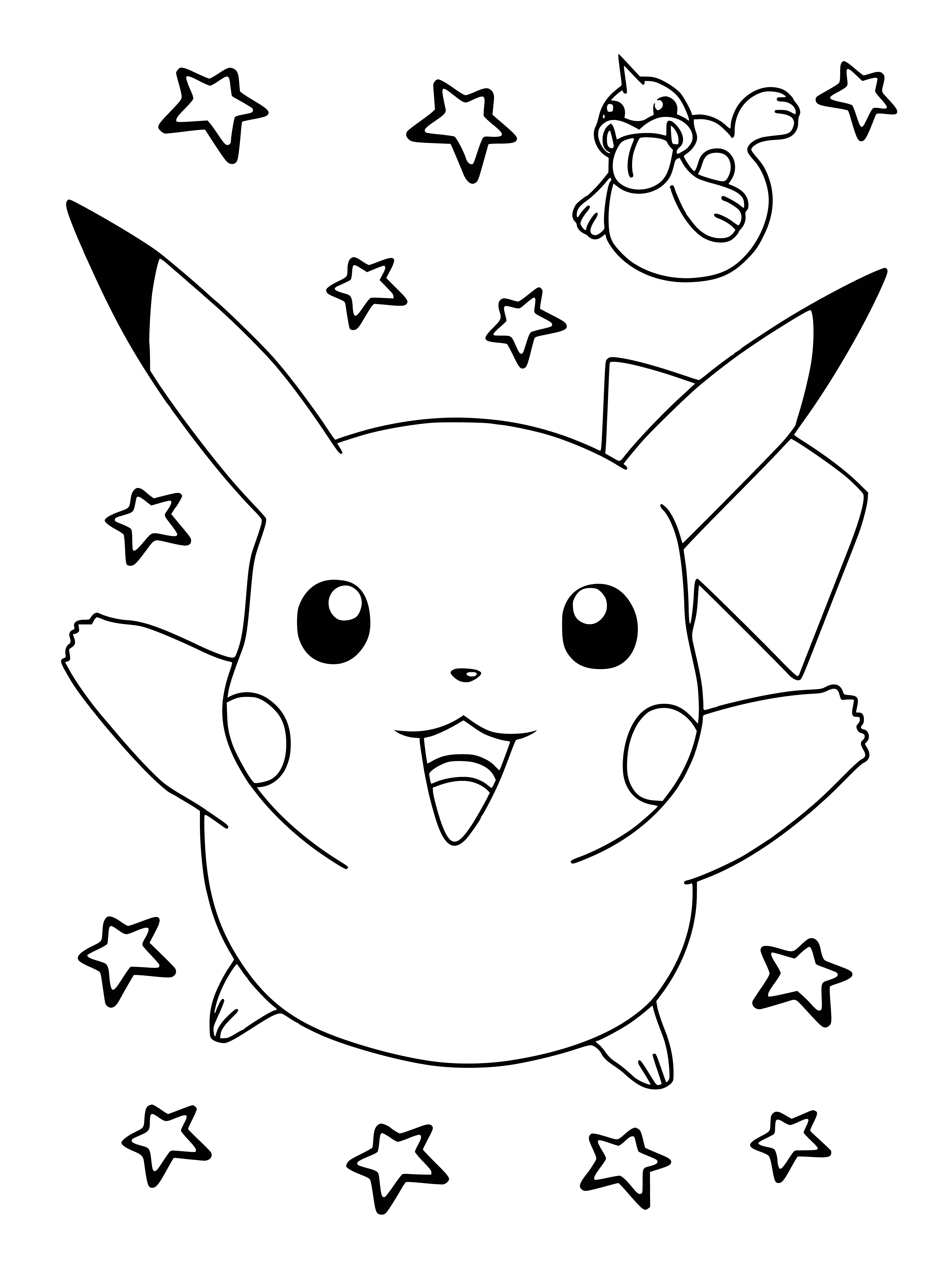 coloring page: Pikachu is a popular yellow Pokémon with black stripes & electric attacks. Its tail is longer than other rodents.