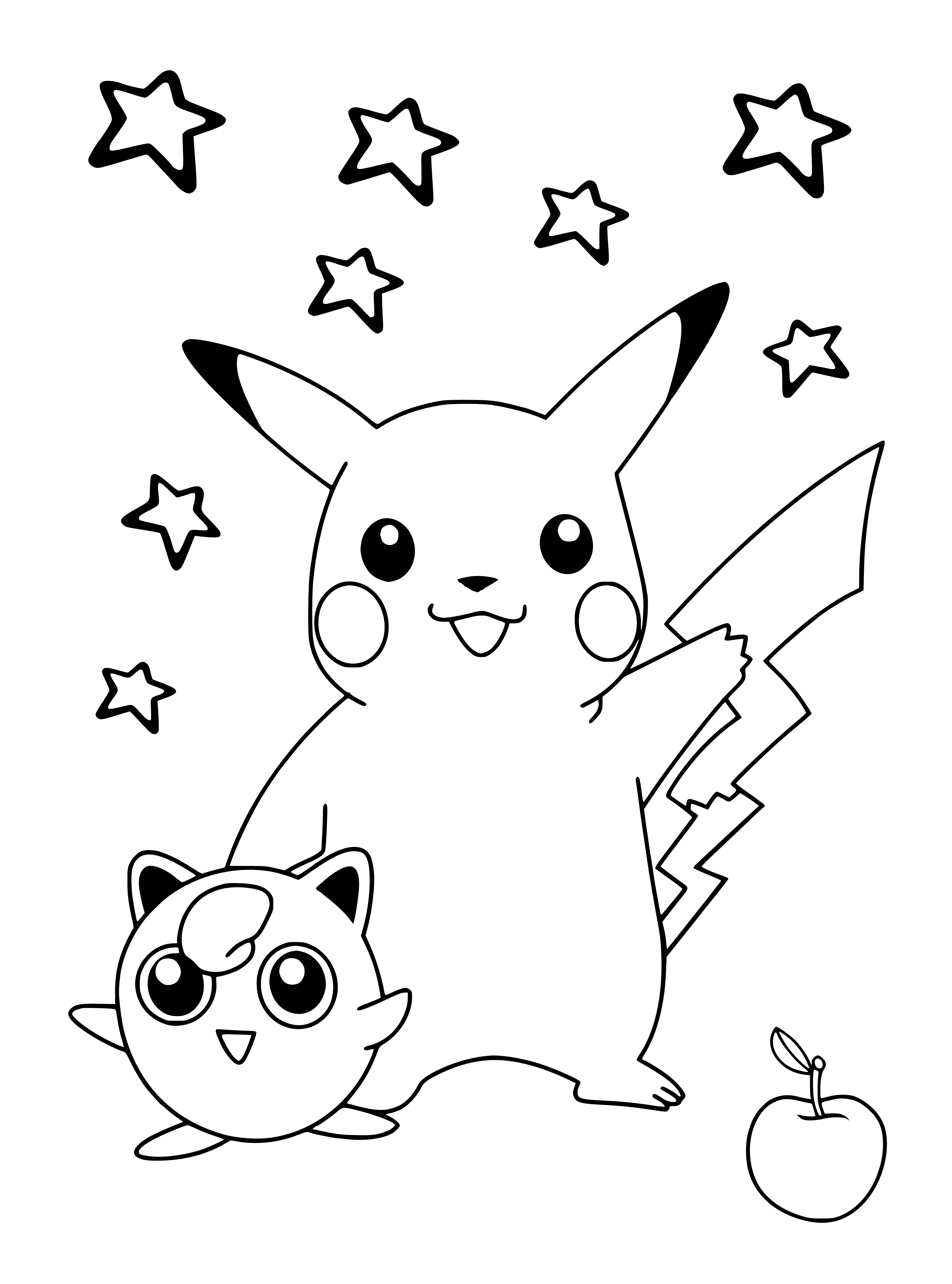 coloring page: Pikachu is an iconic mouse-like Pokémon with yellow body, black stripes, lightning bolt-shaped tail, brown eyes, and electricity attacking moves.