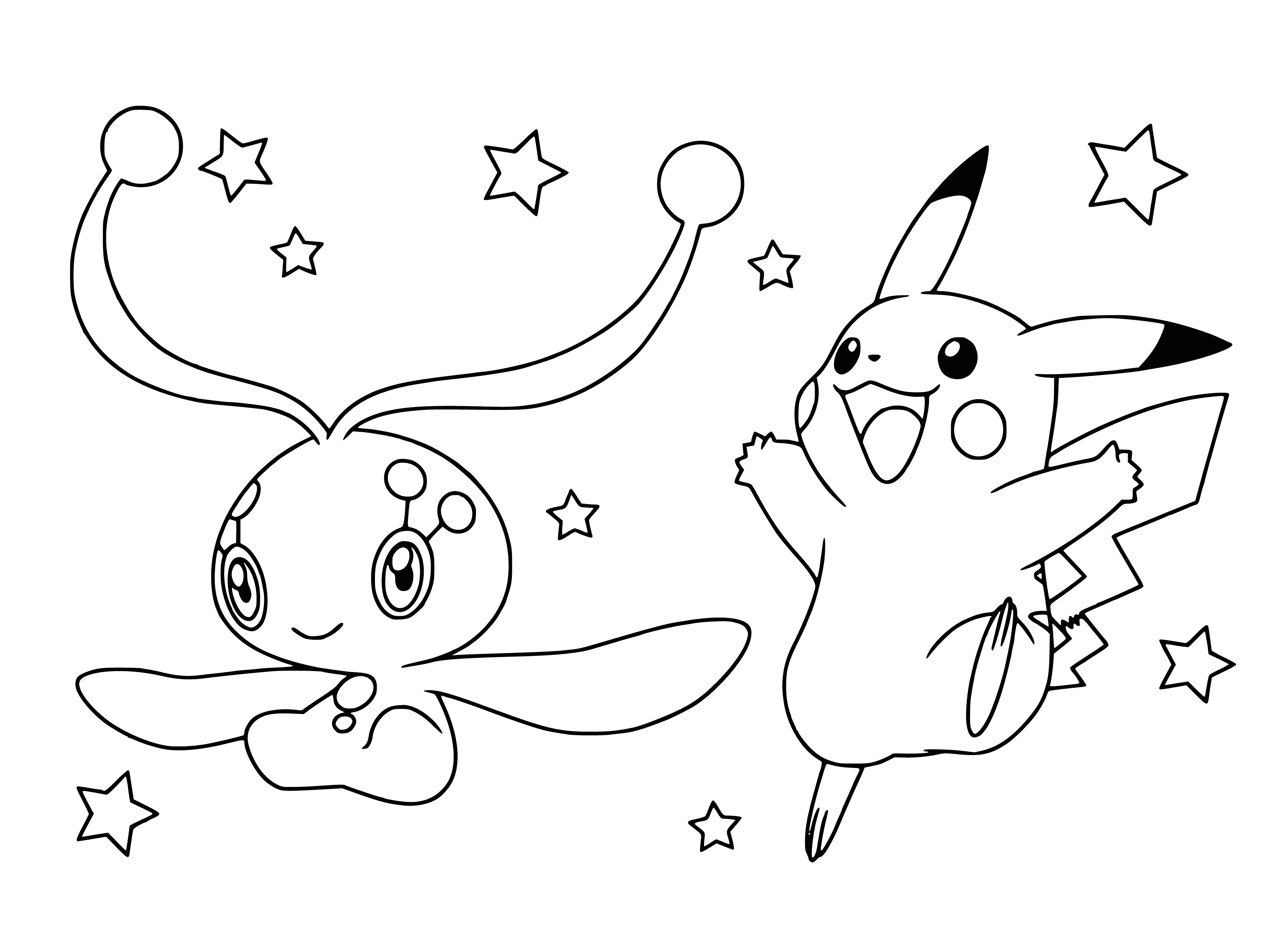 coloring page: A Pikachu is a small, rodent-like Pokémon w/brown fur & a lightning bolt-shaped tail. It can store electricity in its cheek pouches.