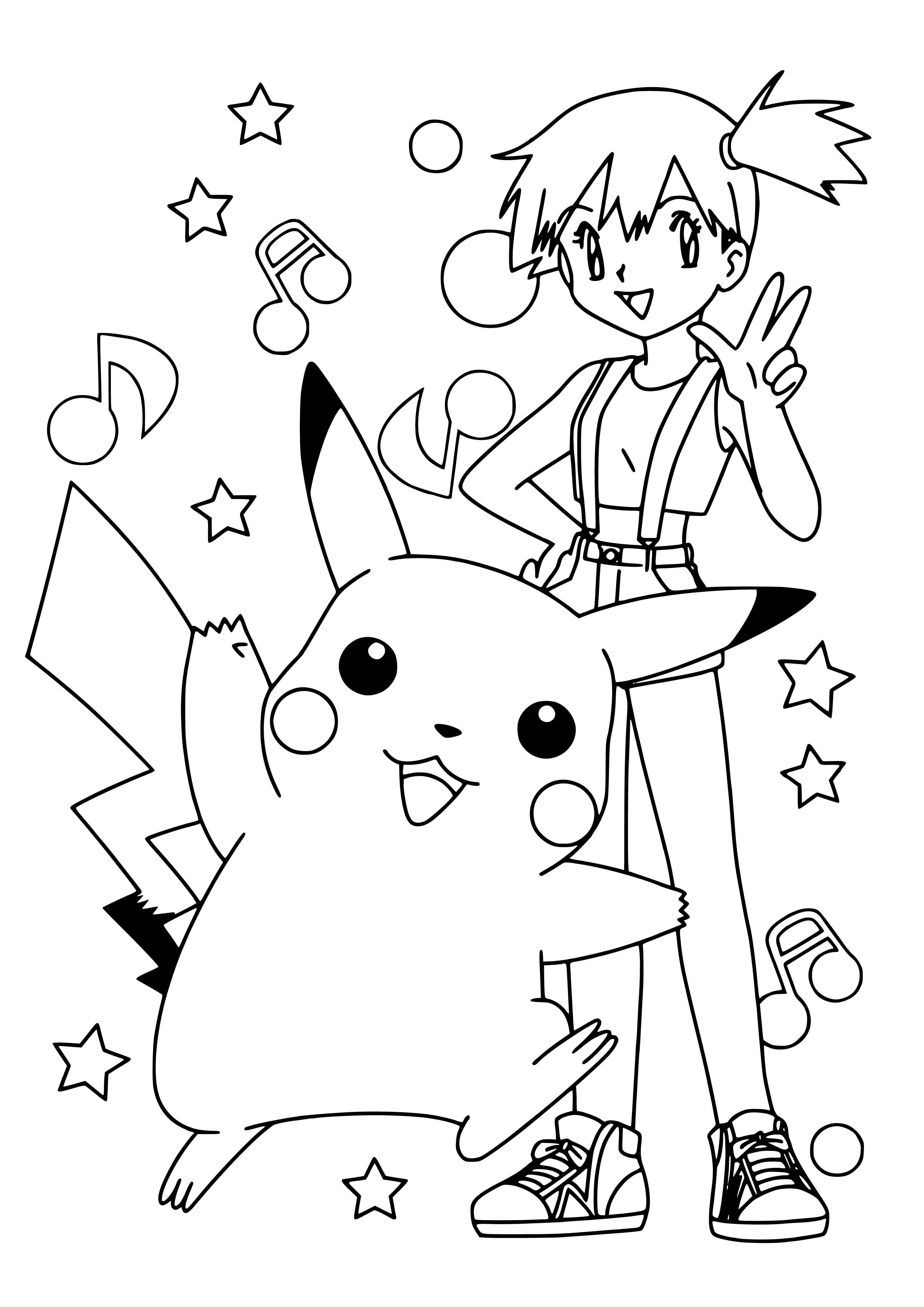 coloring page: Pikachu & Misty stand on a cliff by the ocean, Pikachu with a fishing rod & Misty with a net. Smiles on their faces!