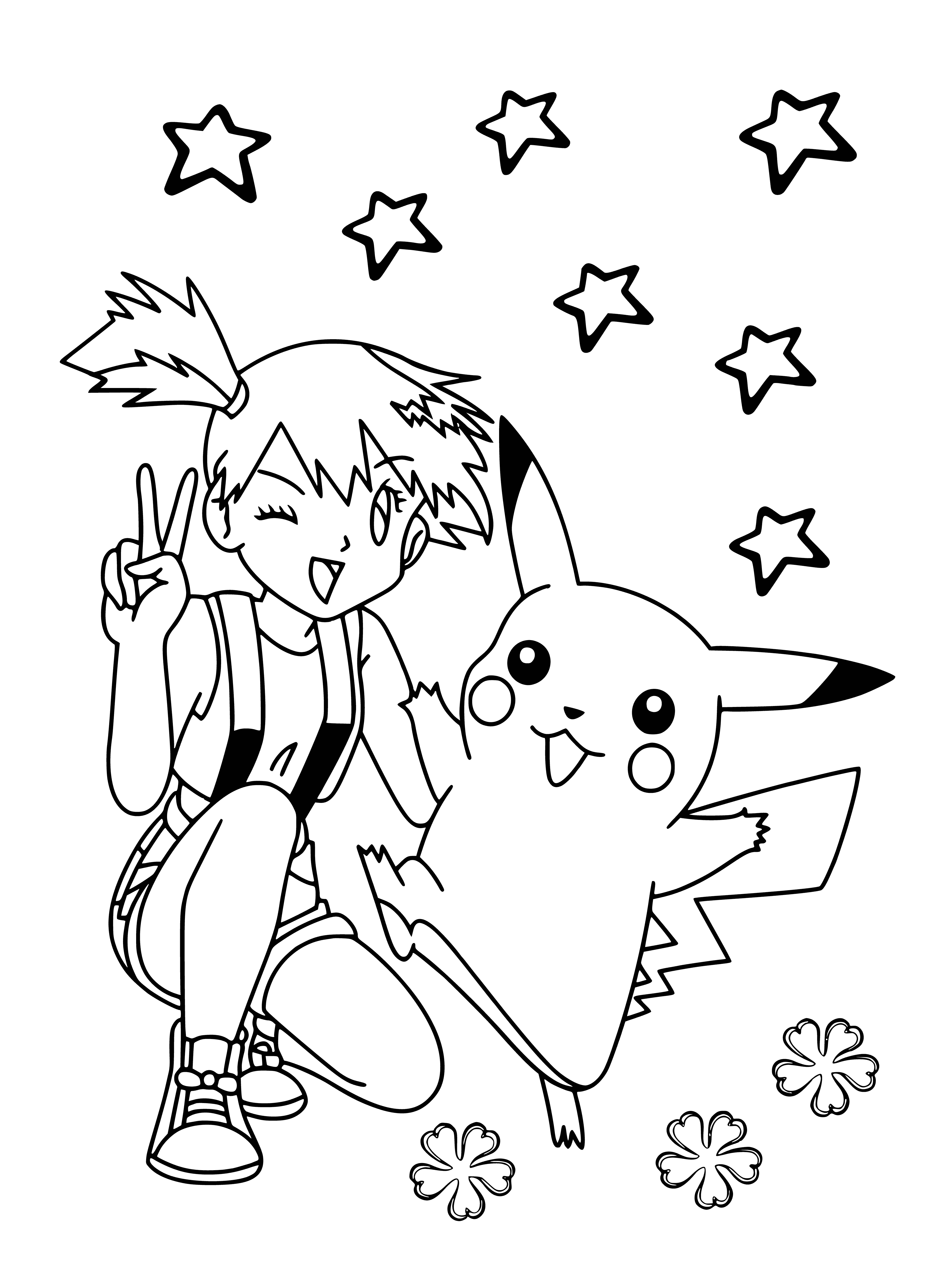 coloring page: Pikachu & Misty stand on a rock, looking at a body of water.
