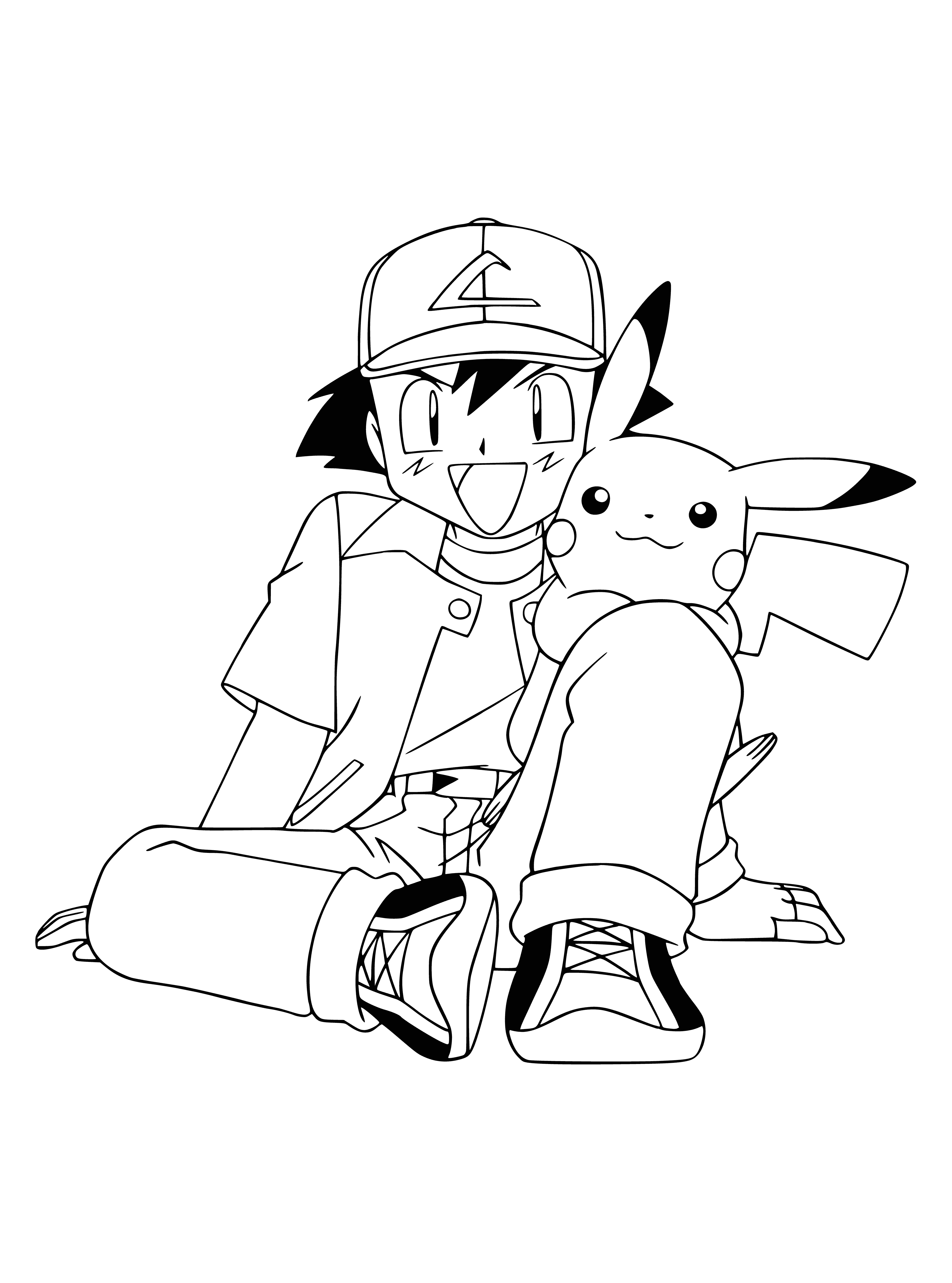 coloring page: Ash & Pikachu, a human boy with black hair & a yellow electric mouse. He wears blue & Pikachu sits on his head. #friendshipgoals