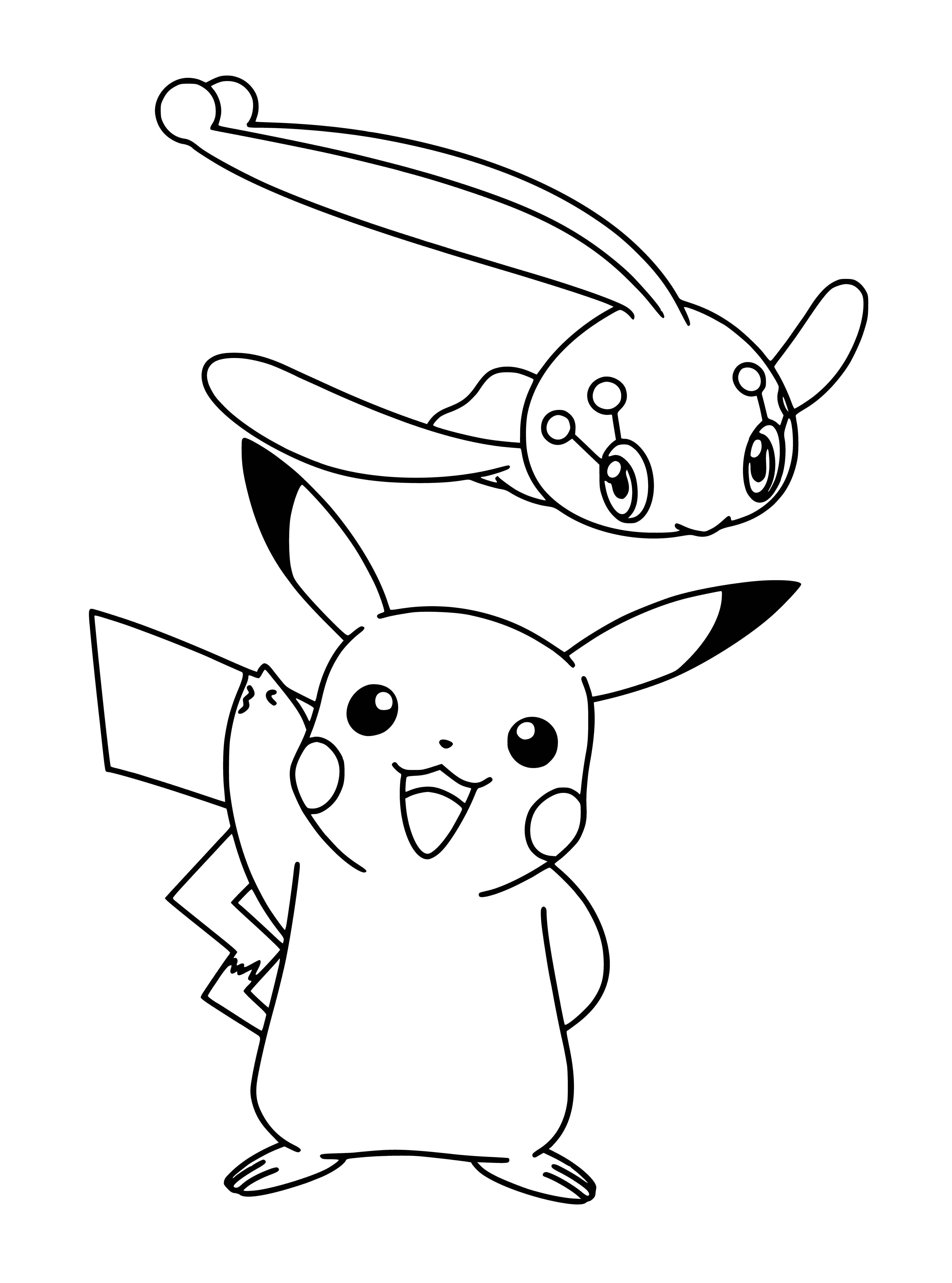 coloring page: Small yellow Pokemon w/ red electricity and black stripe down back. Pointed ears, short tail. #Pikachu