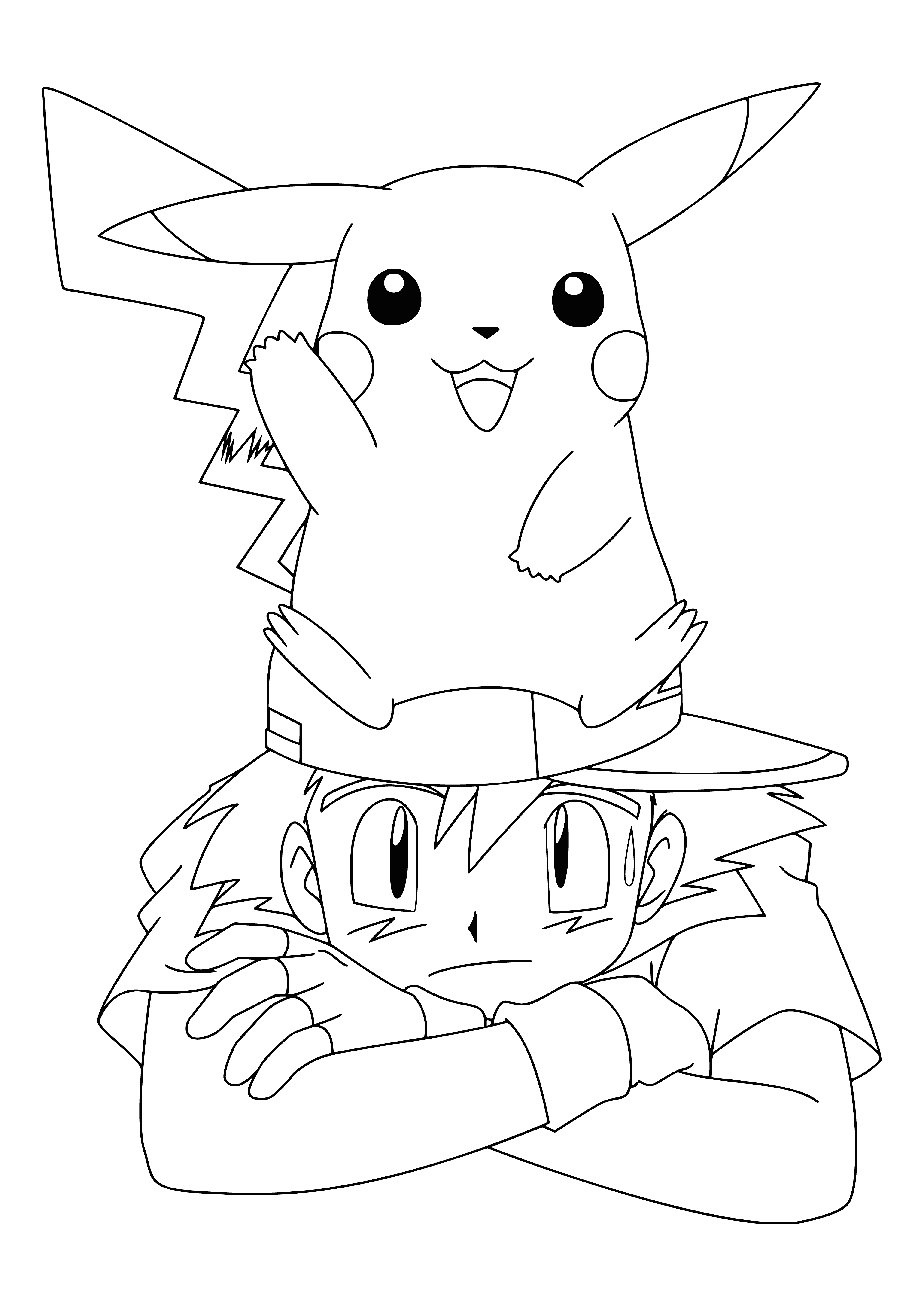 coloring page: Pikachu & Ash Ketchum featured in a coloring page. Pikachu is a small yellow creature, Ash is a boy wearing a blue shirt & red pants and holding a Poké Ball.