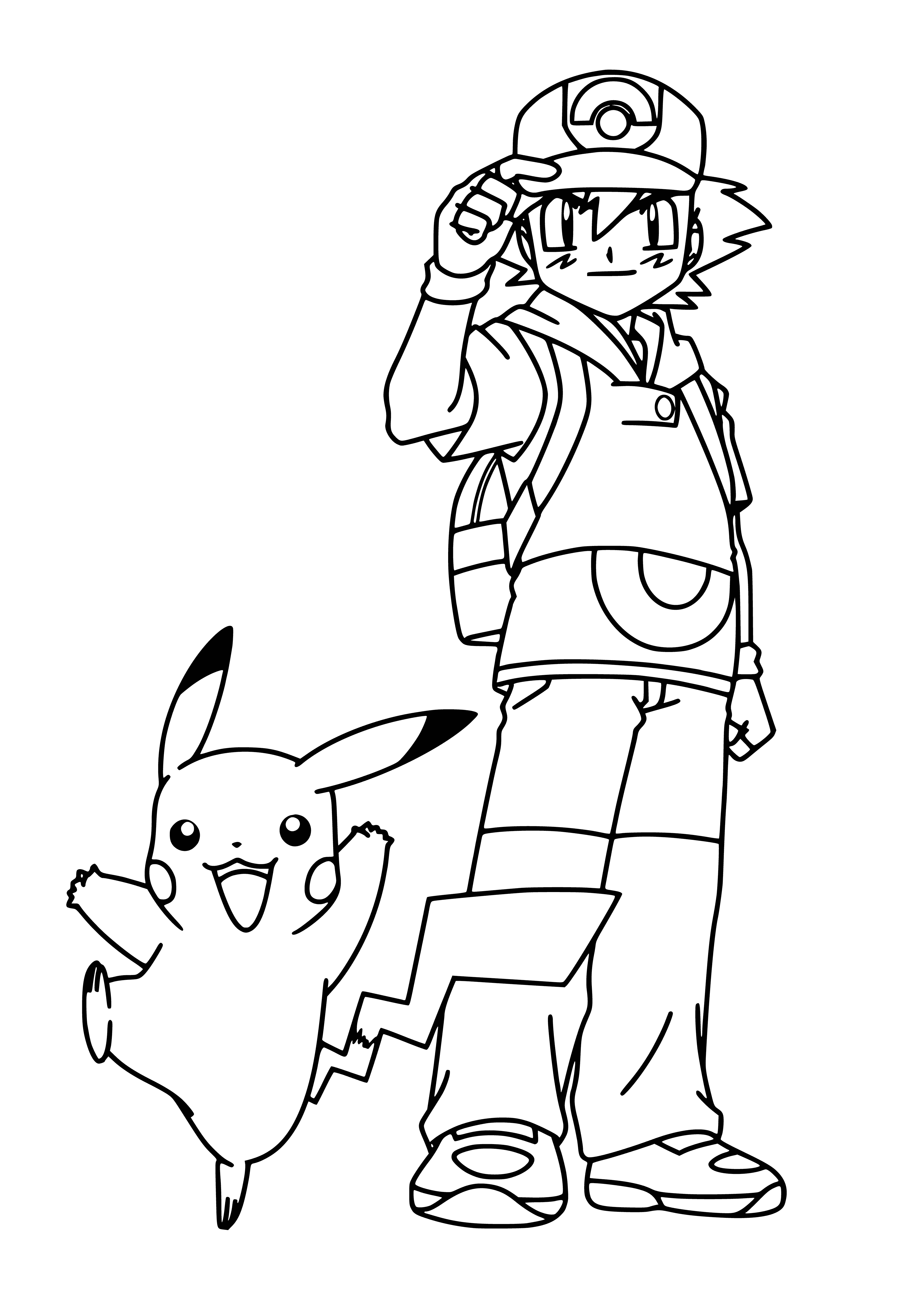 coloring page: Boy with spiky black hair stares determinedly at a yellow rat creature (Pikachu) on a coloring page.