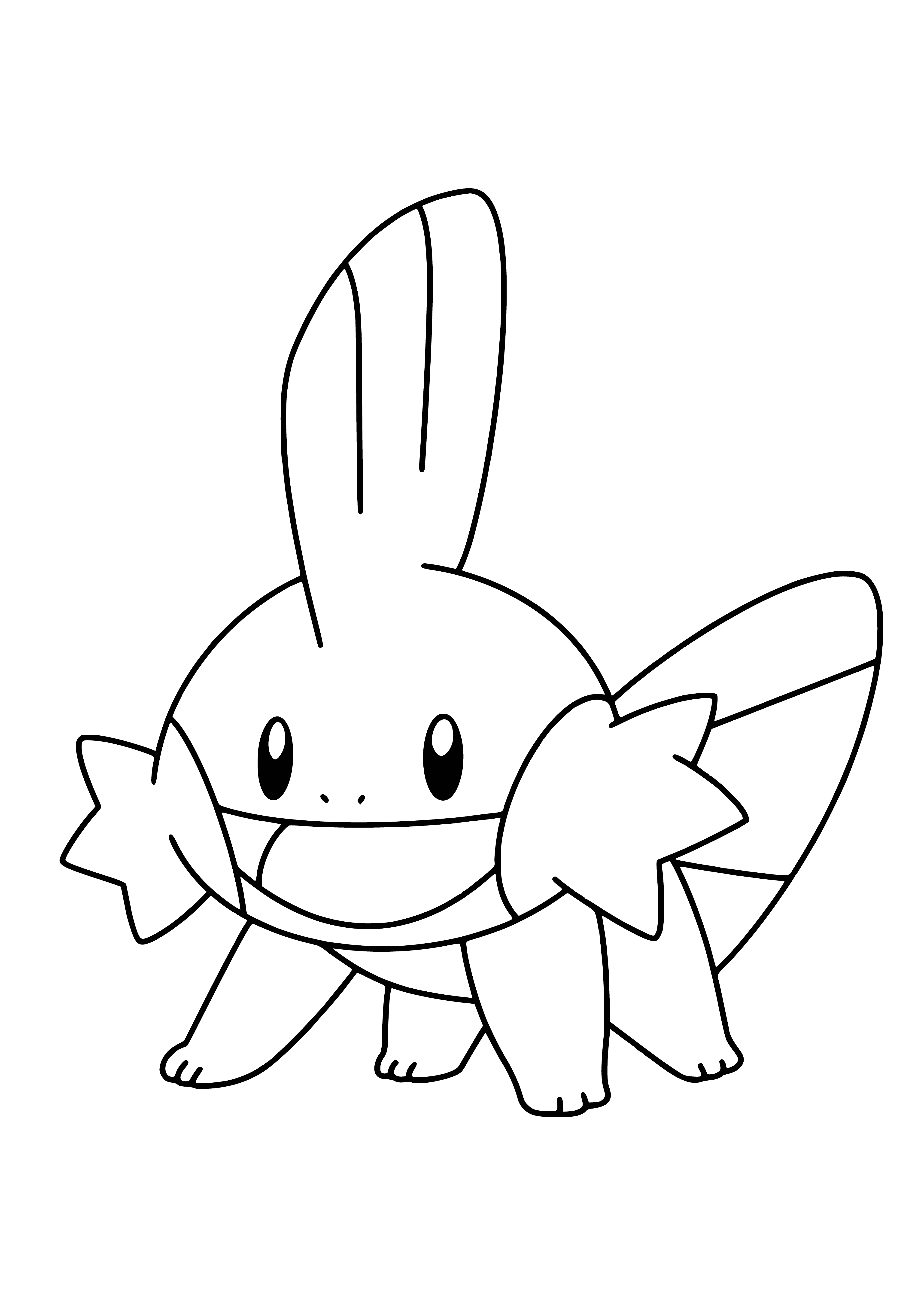 coloring page: Coloring page of blue, amphibious Madkip, with a large tail fin, four small legs and webbed toes, black eyes and a large toothless mouth. #Pokemon #Madkip
