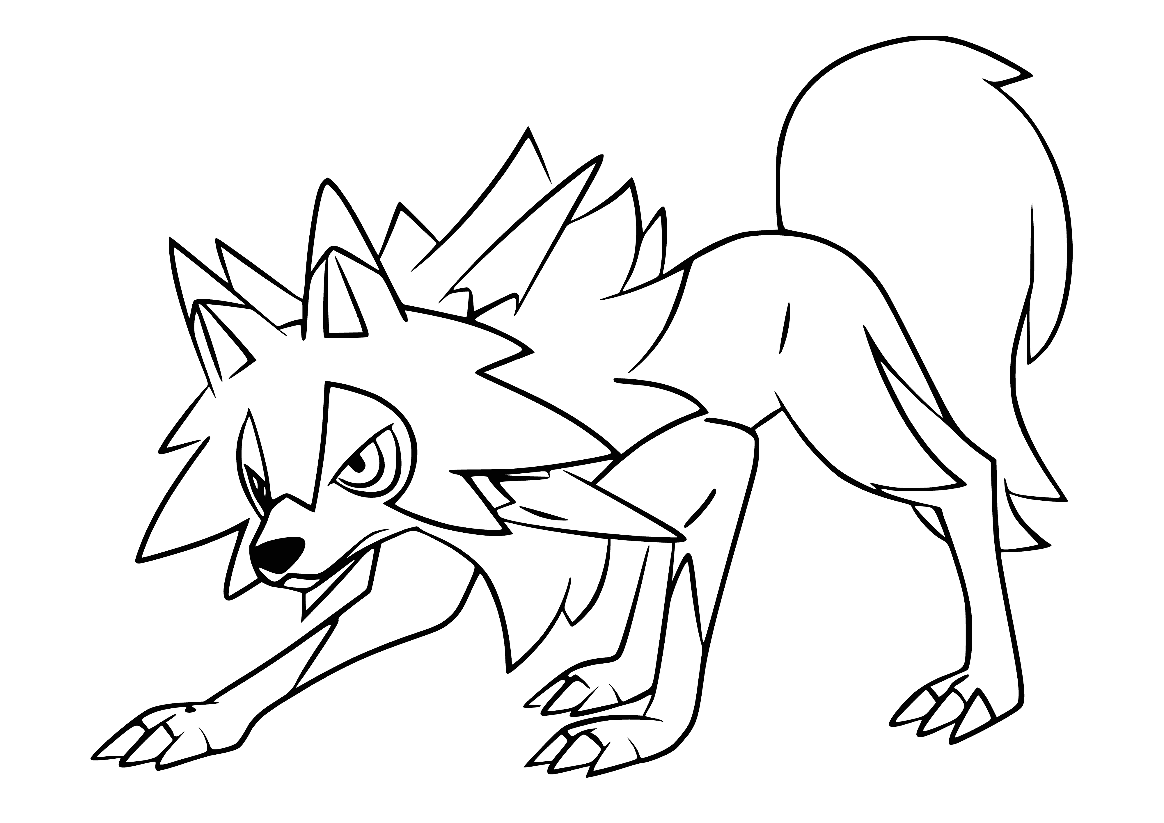 coloring page: Tan wolf-like Pokemon with white chest, yellow fur collar, yellow eyes, pointed teeth and black toes. Yellow stripes on legs, yellow tipped fluffy tail.