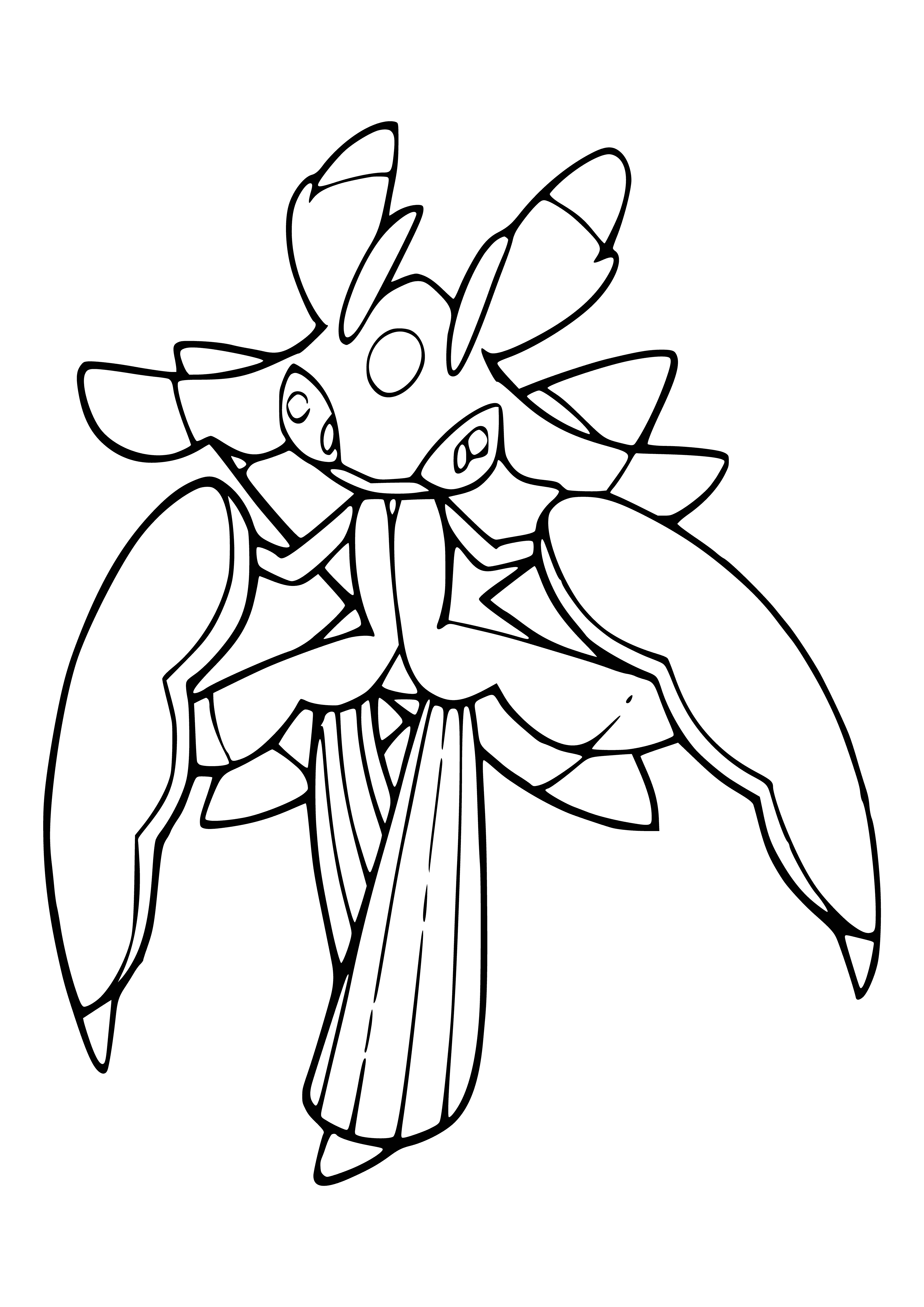 coloring page: Large green Pokemon stands in a field of flowers with a red head & crest; red eyes, mouth & stripes; & red arms & legs with 3 "fingers" & 3 "toes". Long red tail with a red tip.