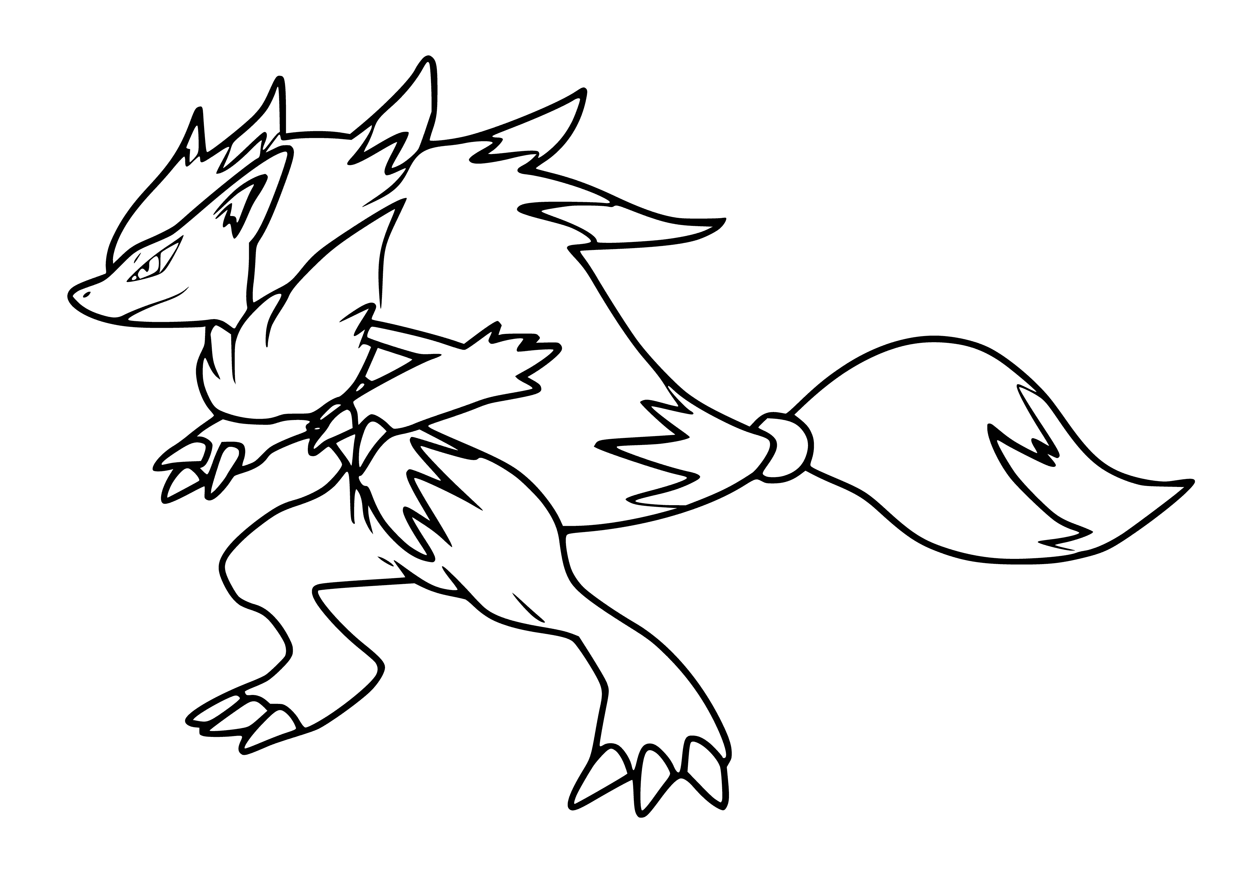 coloring page: A fox-like Pokemon w/red & yellow eyes and black/red coat. Long, fluffy tail.