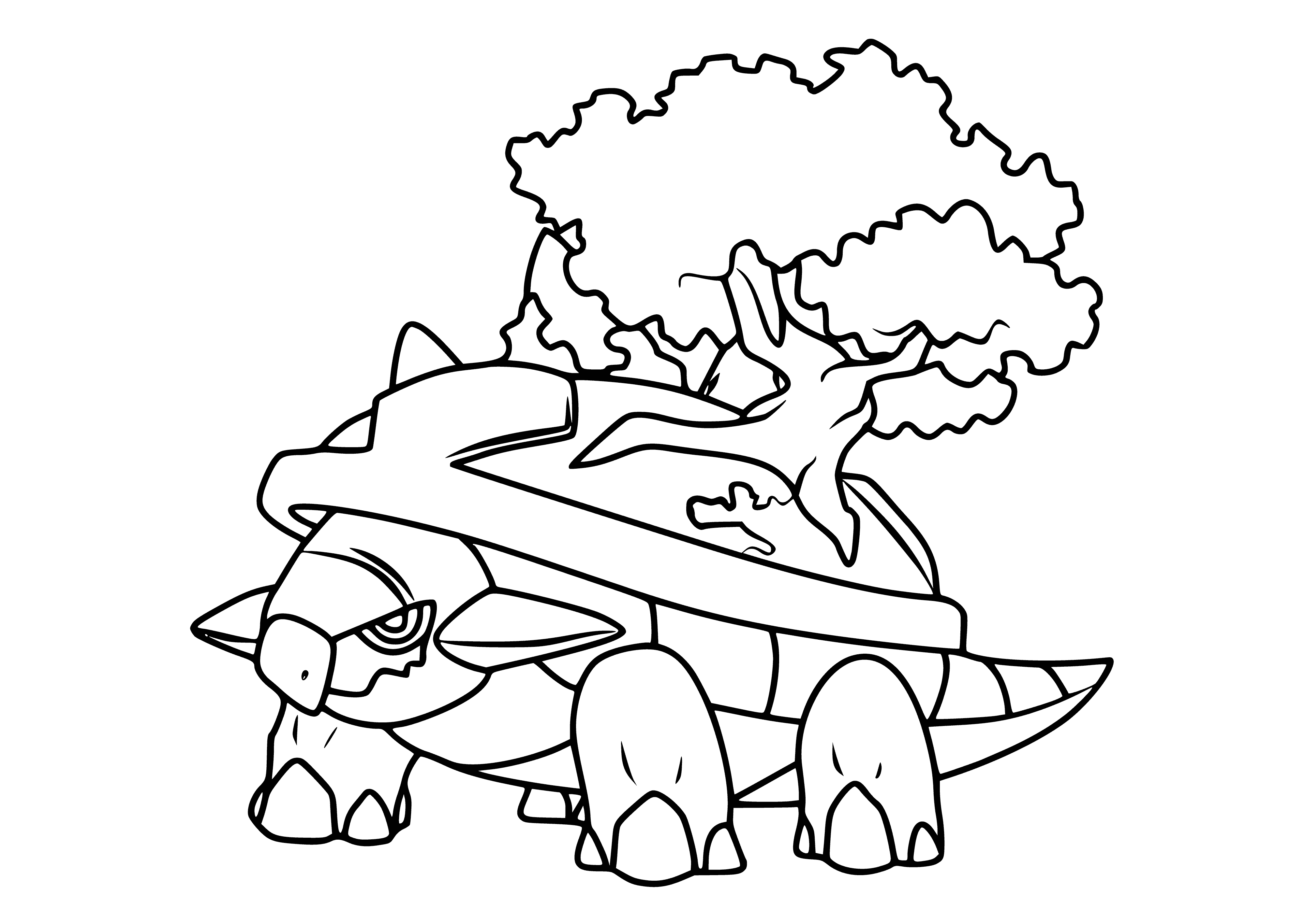 coloring page: Pokemon Torterra is a large green/brown Pokemon w/ a big shell, round head, small eyes, and stubby arms/legs.