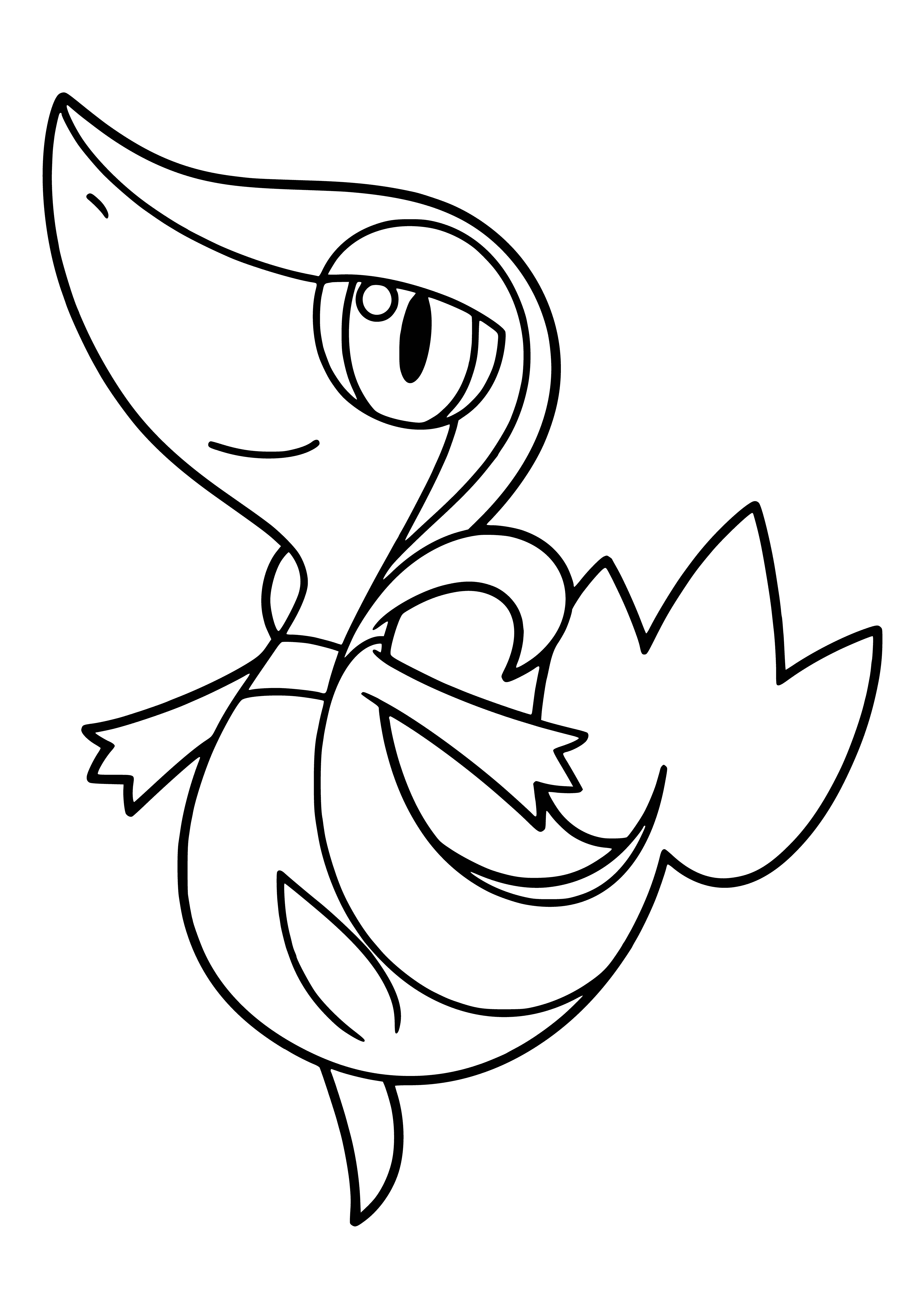 coloring page: The small, green snake-like Pokemon Snivy has a thin body, round eyes, white belly & 2 leaves on its back.