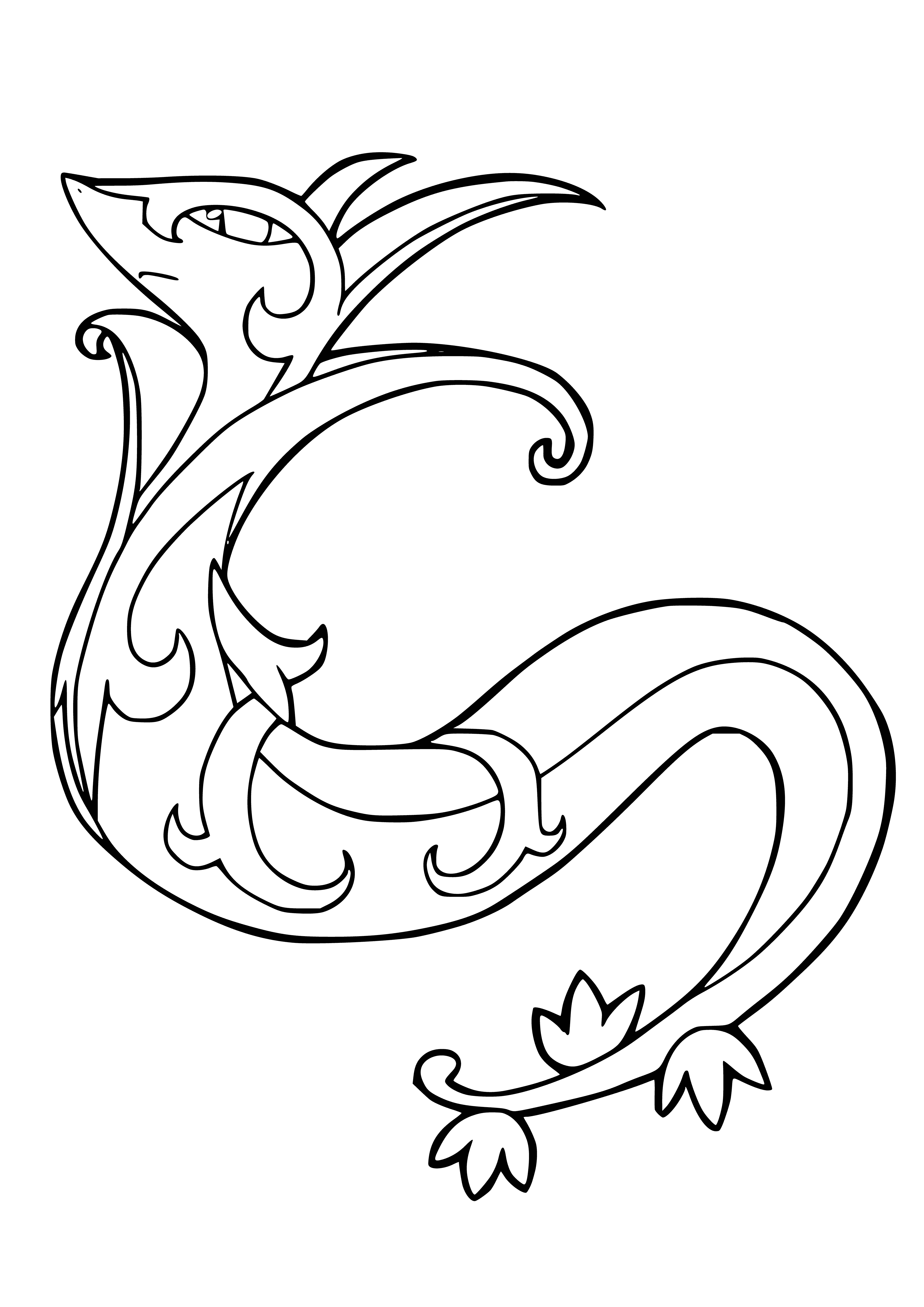 coloring page: Green snake-like pokemon w/white underside, yellow collar, slit pupils, long thin arms & tail, & yellow crest on head.