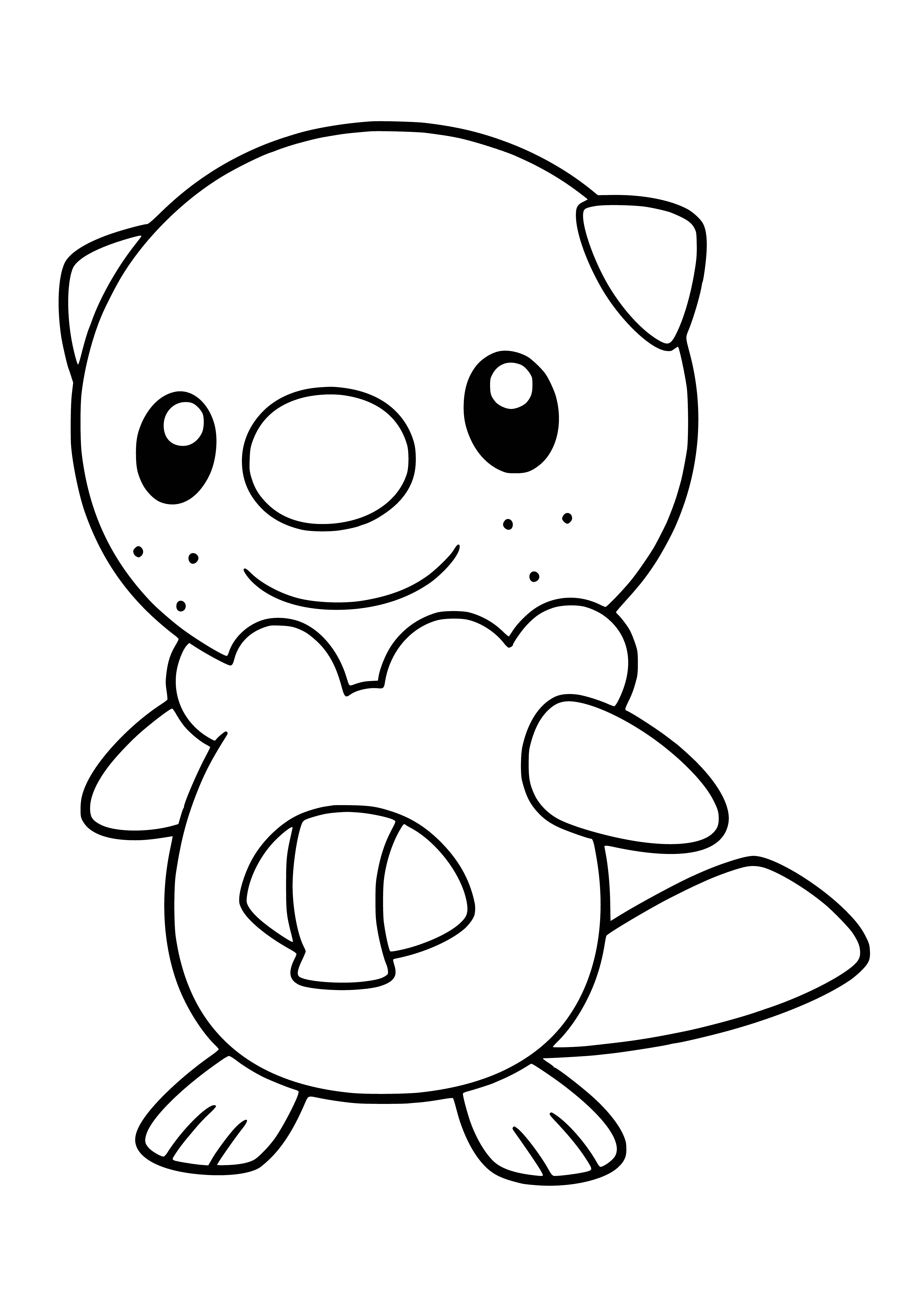 coloring page: Oshawott is a blue sea otter Pokémon with white belly, tufted tail, black nose, large eyes, and white forepaws with three claws. It has a green scallop-shaped shell on its back.