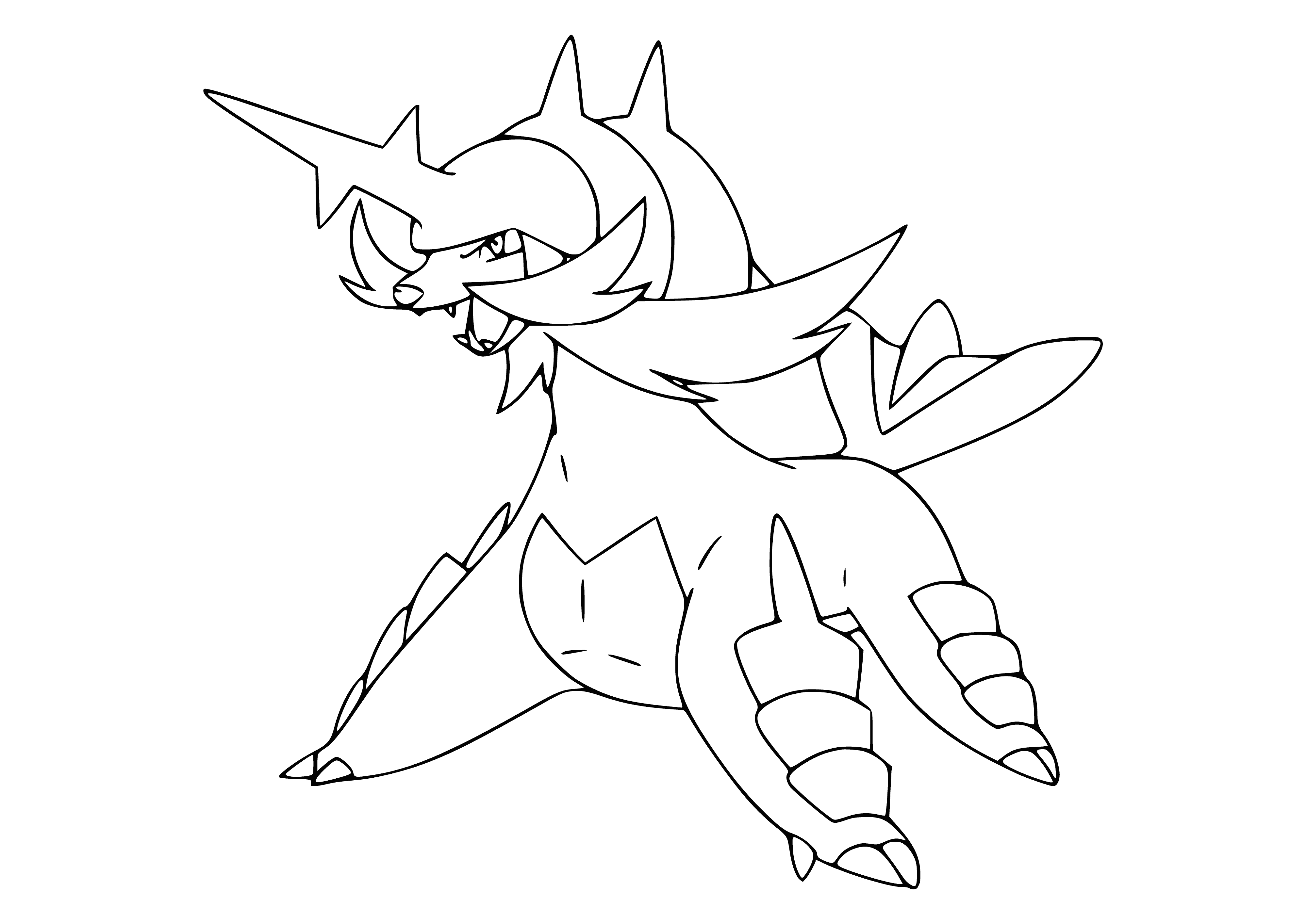 coloring page: Blue, four-legged Pokemon with white tummy fur and horns on its head. Has two large swords on back. Sharp black beak.