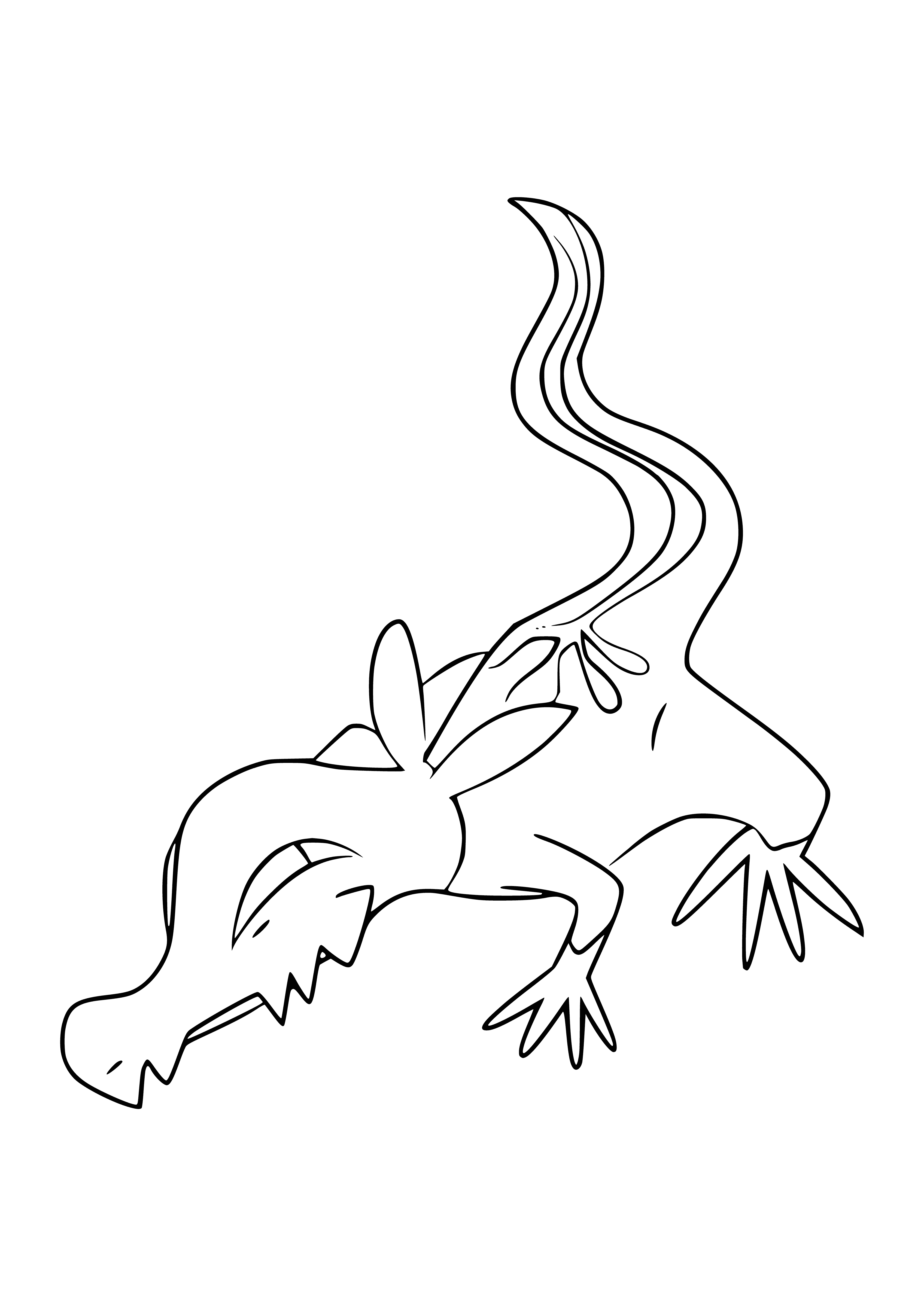 coloring page: Poké with black and orange lizard body, long tail, small eyes, hands and feet. It's Salandit!