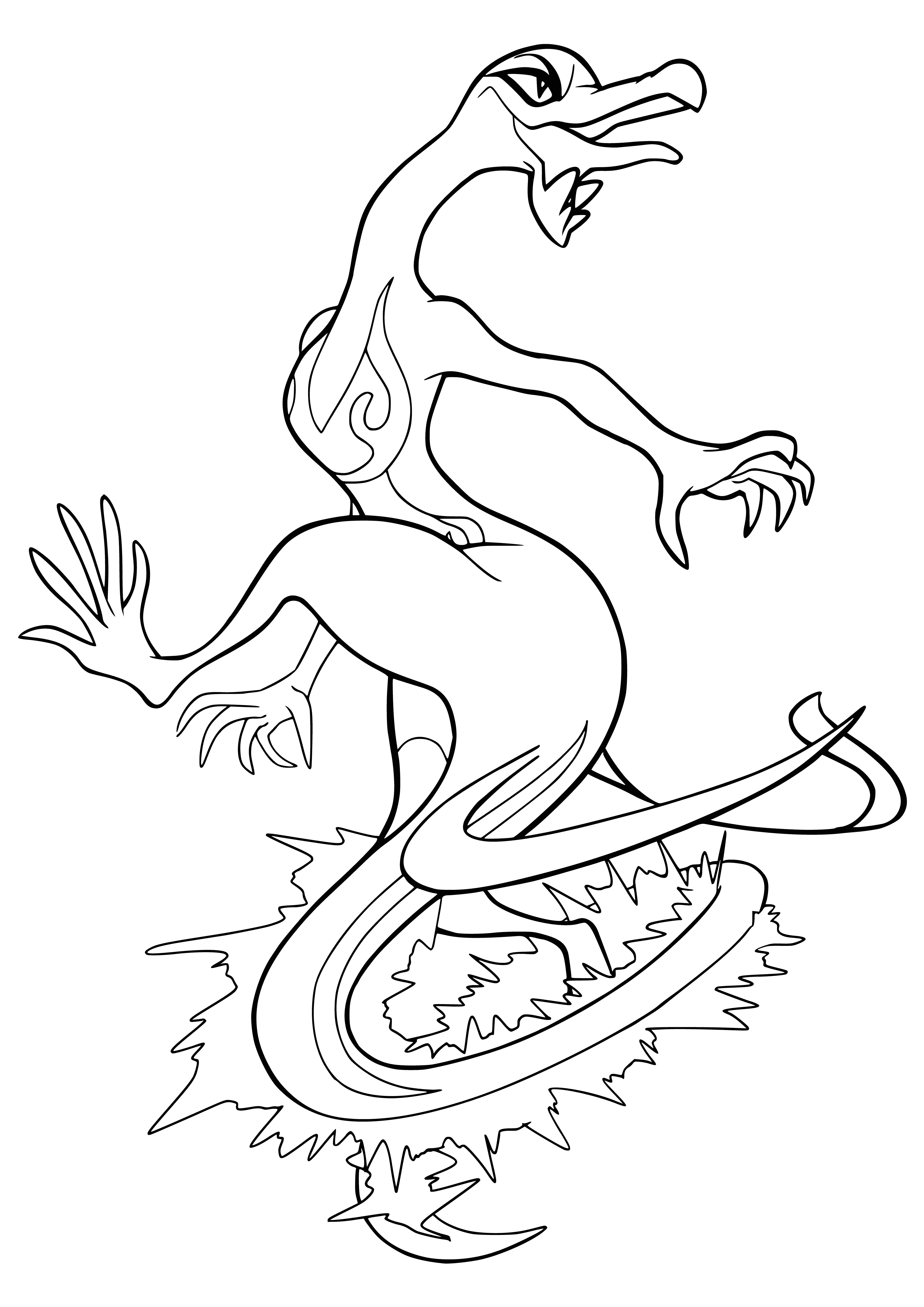 coloring page: Large, lizard Pokémon w/ red & black scales, horns, mane, black belly & webbed toes/fingers. 2 long, thin poisonous tails.