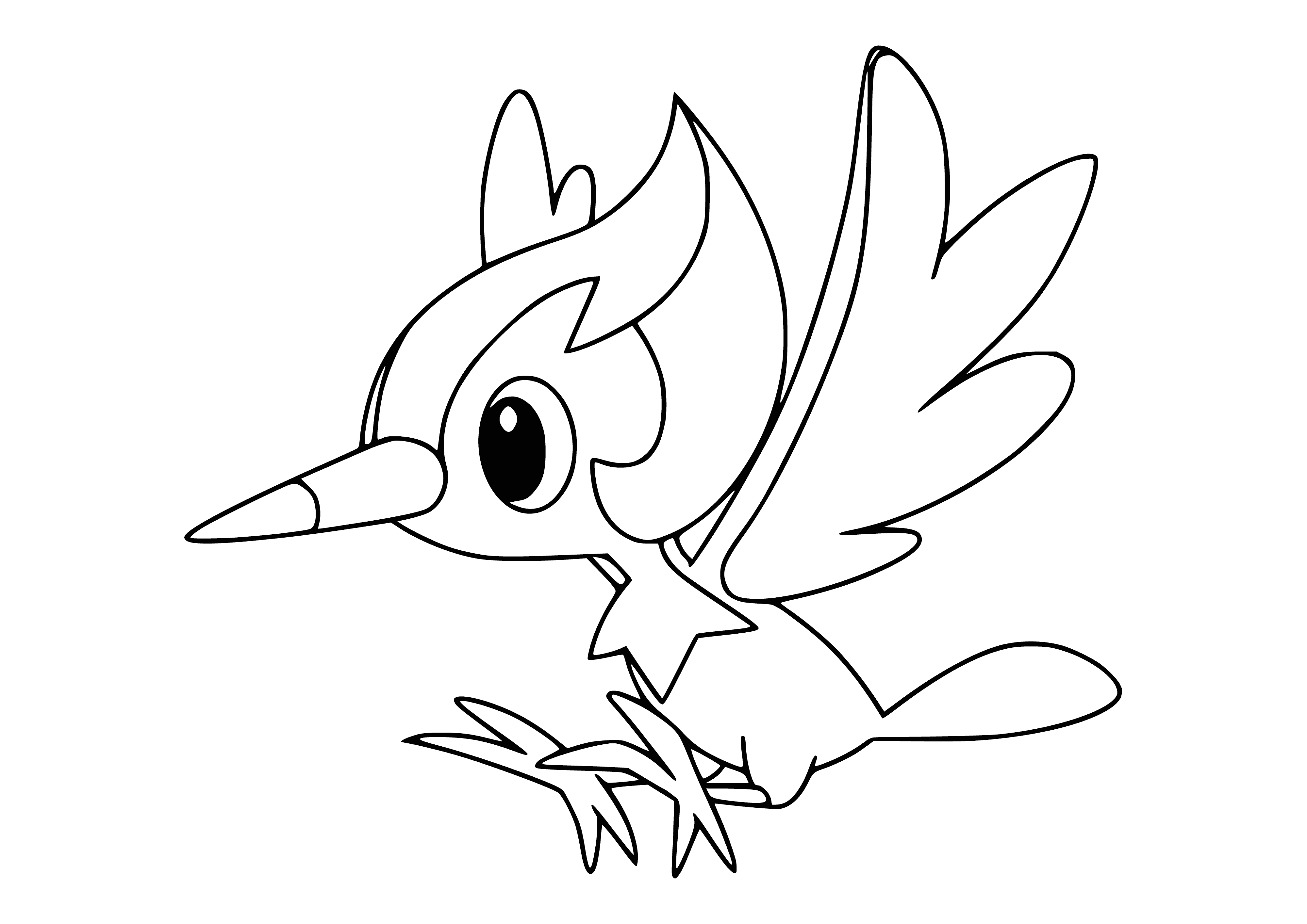 coloring page: A small PokÃ©mon with a red crest, black eyes, black beak, gray wings and black stripes, gray legs + black claws.