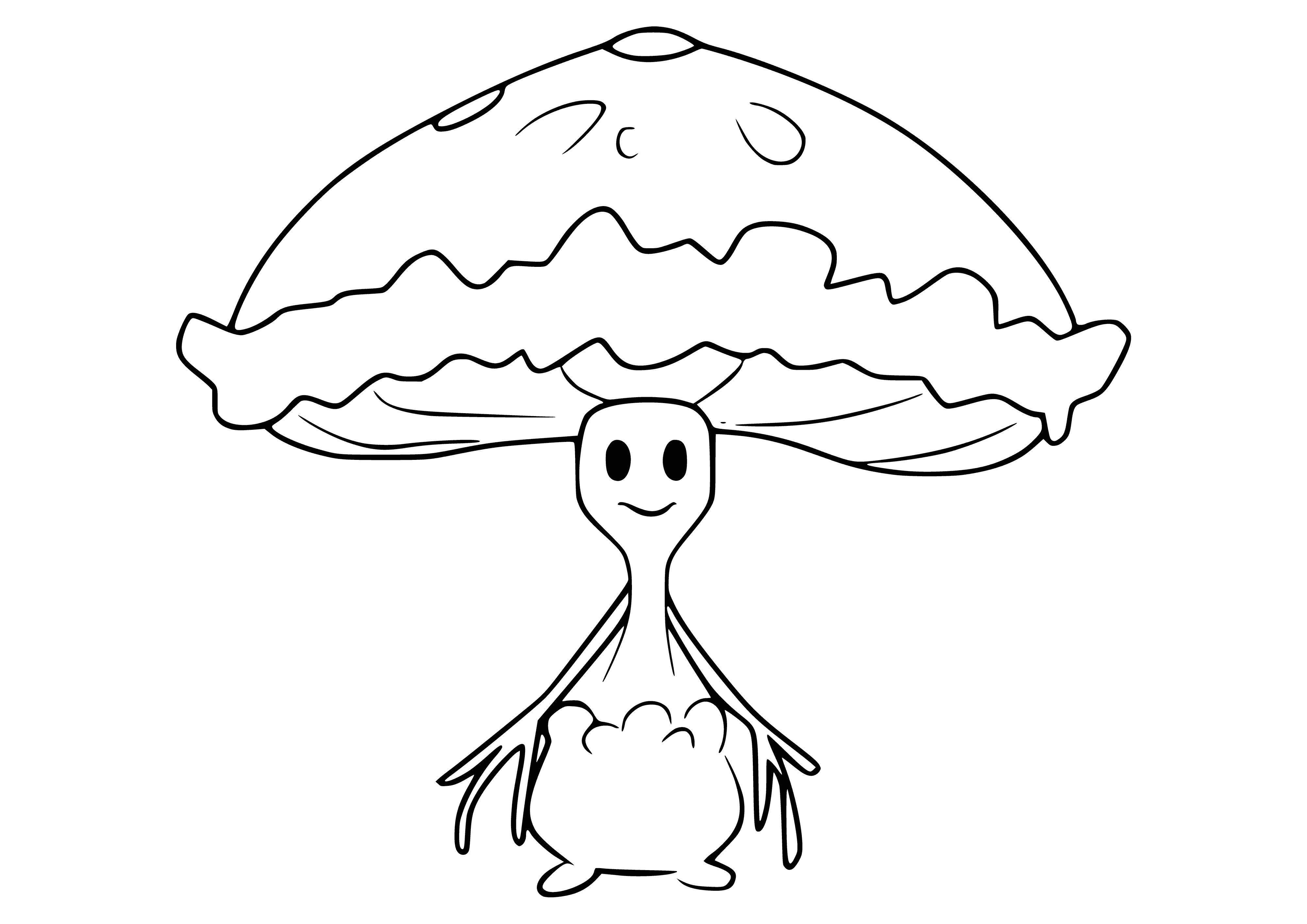 coloring page: Shiinotic is a mushroom-like Pokemon with pale purple, black, and white spotted features, four arms, and a ruff of spores around its neck.