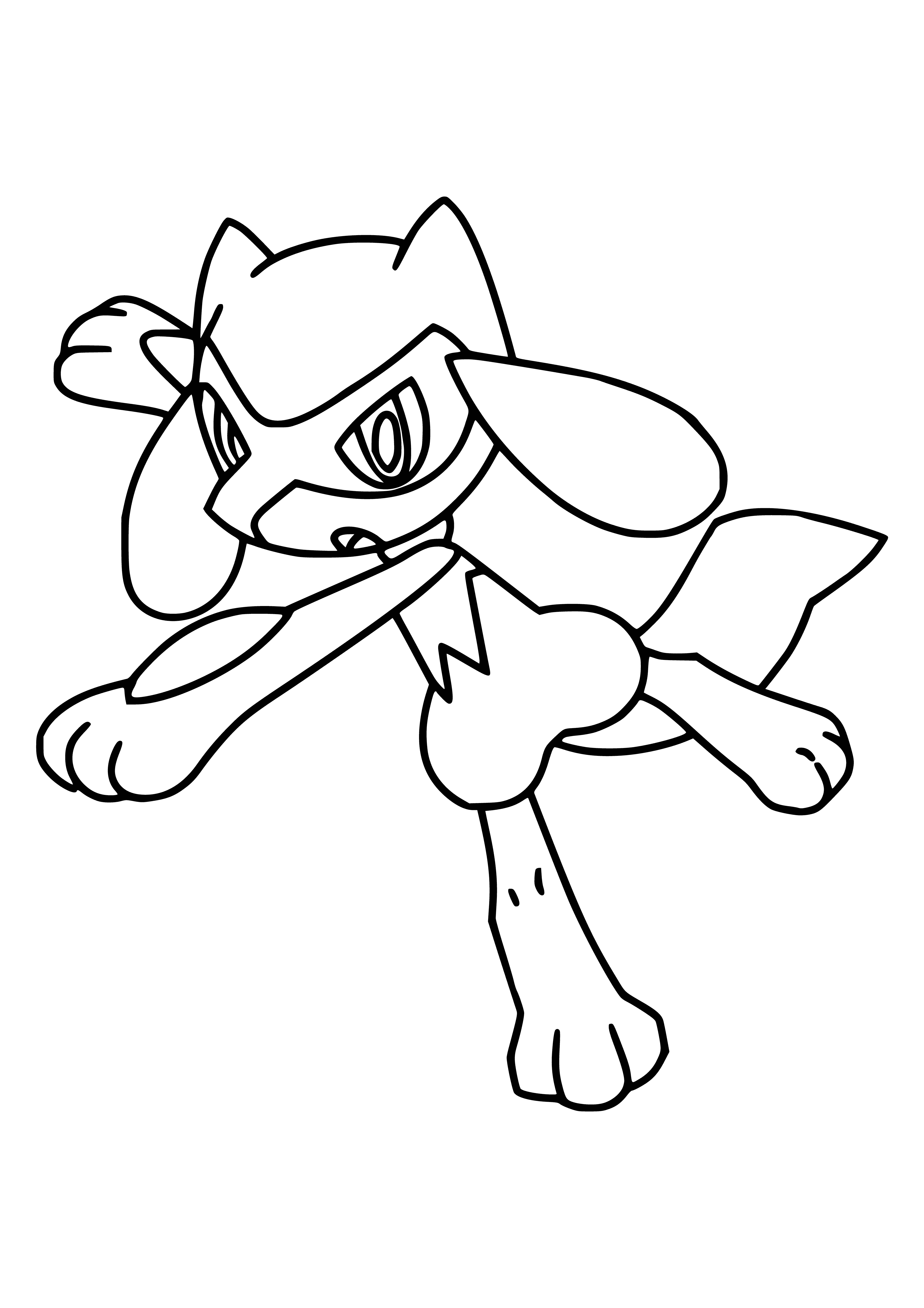 coloring page: Blue fox-like Pokémon w/ black band, pointed ears, tail tip, mark on forehead, red eyes, small black hands/feet.