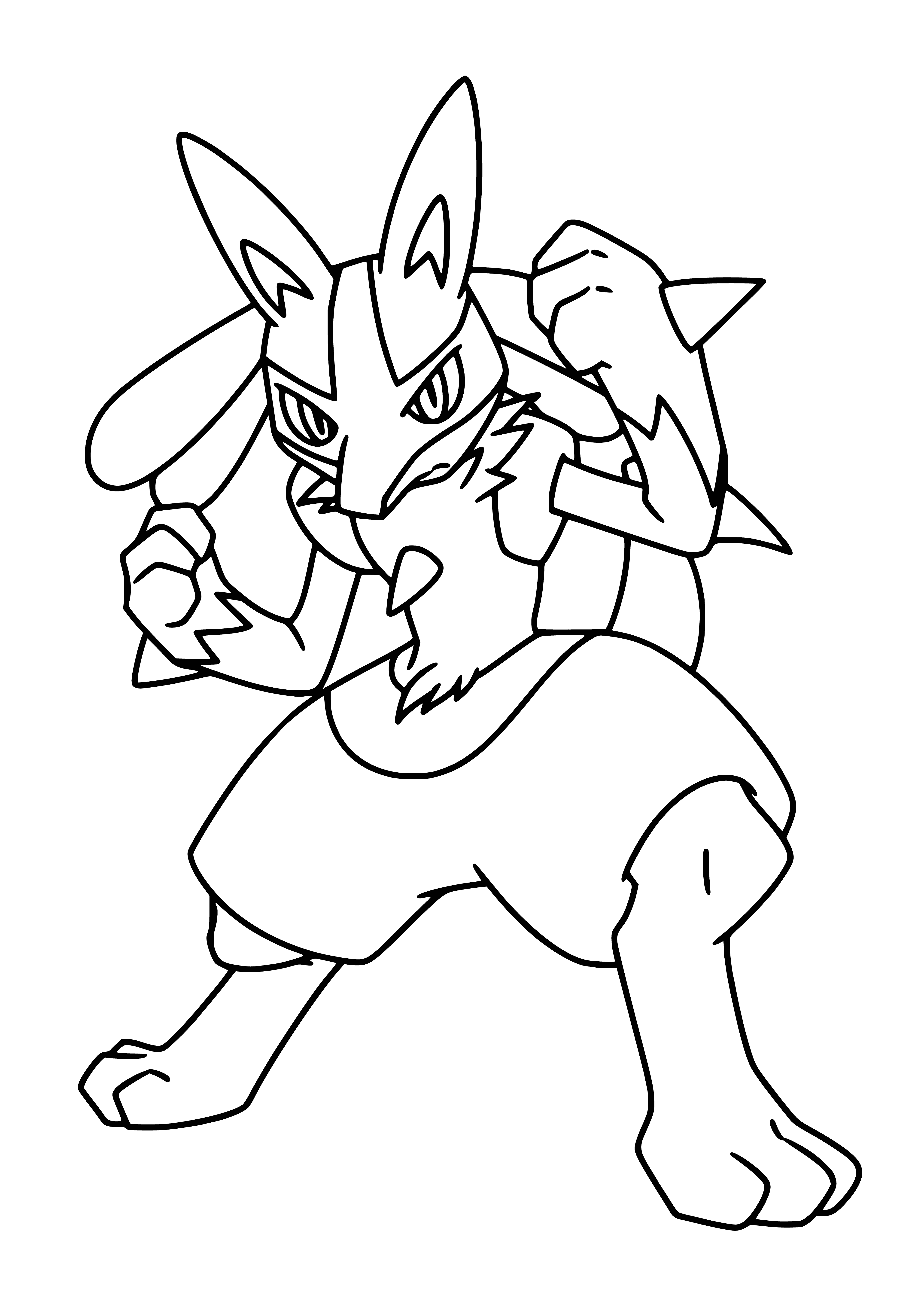 coloring page: Lucario is a bipedal Pokémon w/ blue & black fur. It can understand humans, has psychic powers, & knows attacks like Aura Sphere & Close Combat. When fighting, its fur glows yellow. Evolves from Riolu.