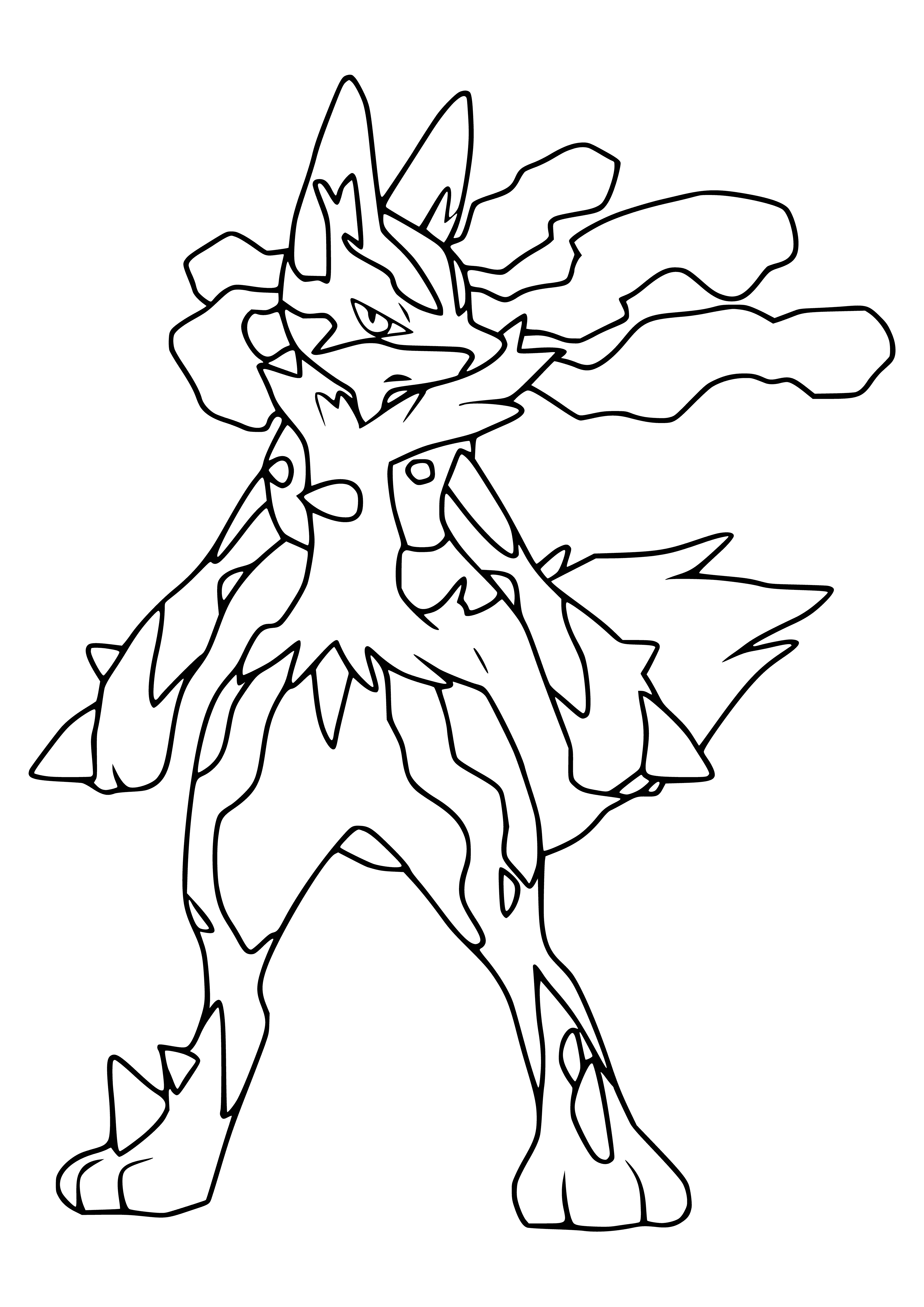 coloring page: Coloring page of Mega Lucario – a brown & white Pokémon w/ long tail, large ears, black nose, and red eyes wearing a blue & white cape.