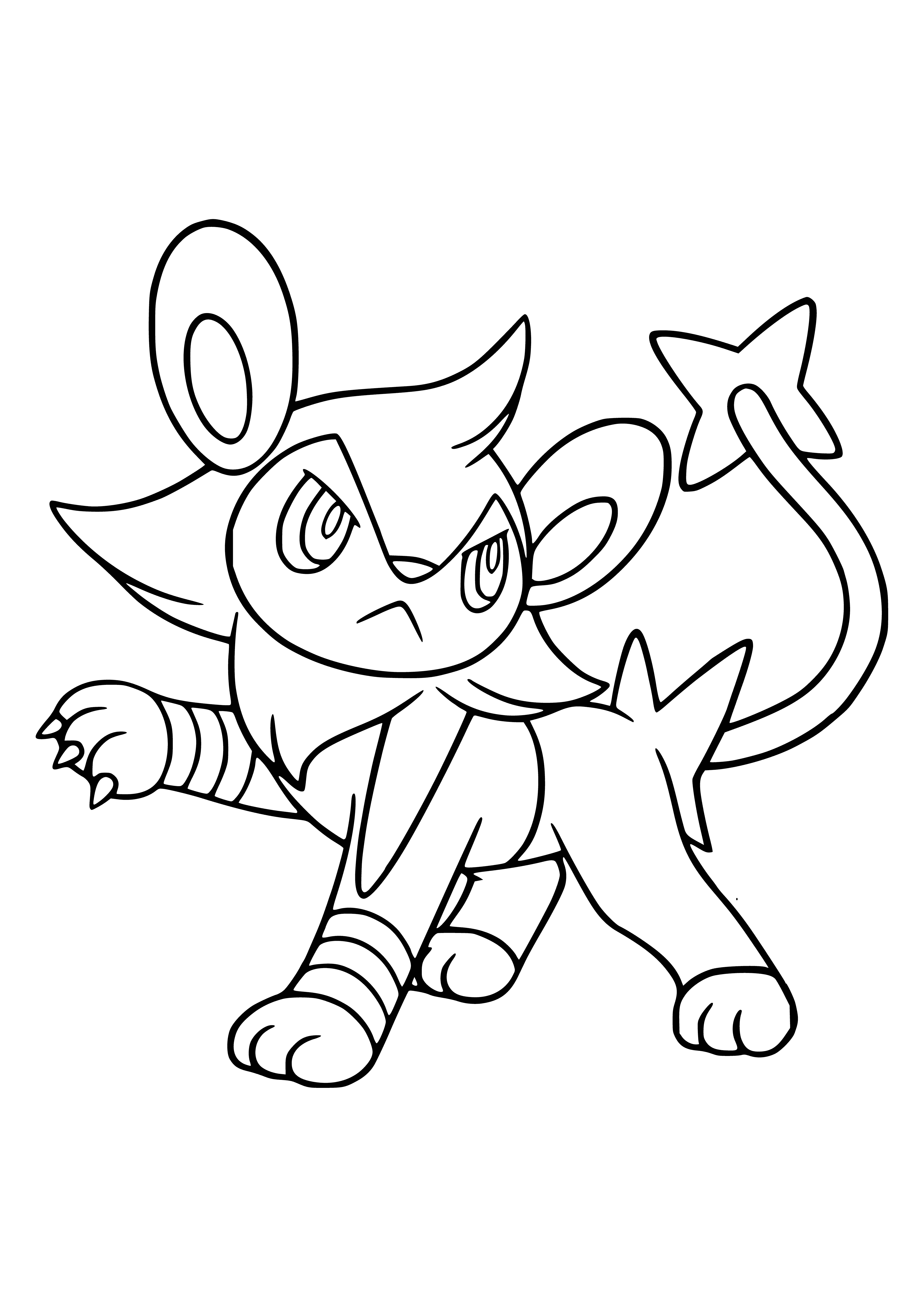 coloring page: Pokémon Luxio is a pale blue mammal with dark blue fur, black eyes & nose, and a black tail w/blue tips. Its legs have blue stripes.