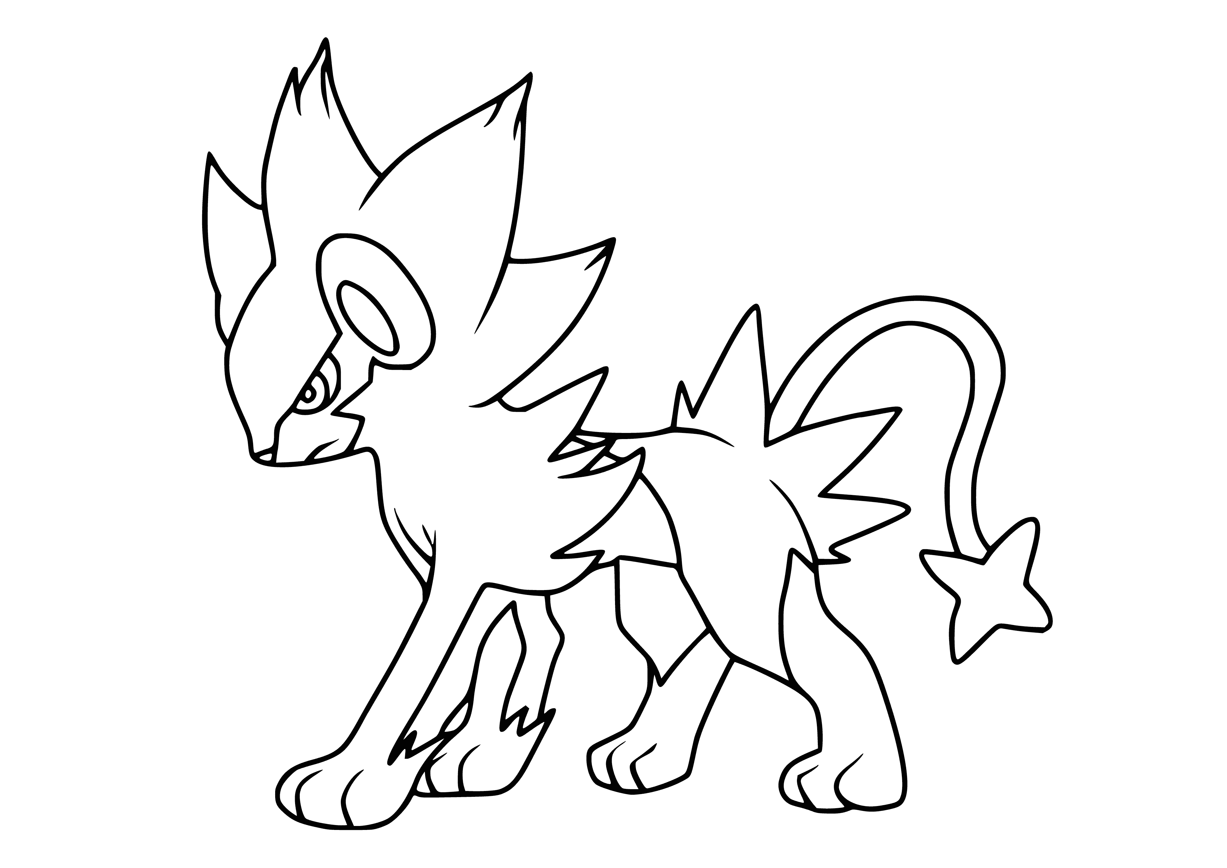 coloring page: Large and fluffy, Luxray has blue eyes, blue-tipped tail, black-furred back & blue-paw'd legs. Crowned with black & blue ruff.